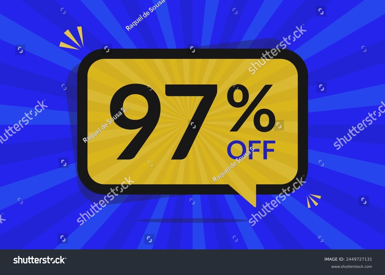 SVG of 97 percent off. 97% discount. Blue and Yellow banner with floating balloon for promotions and offers. svg