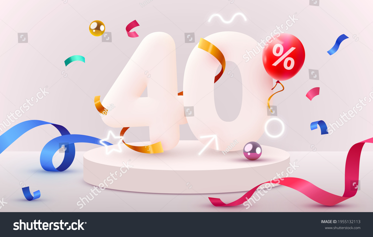 SVG of 40 percent Off. Discount creative composition. 3d sale symbol with decorative objects, heart shaped balloons, golden confetti, podium and gift box. Sale banner and poster. Vector illustration. svg