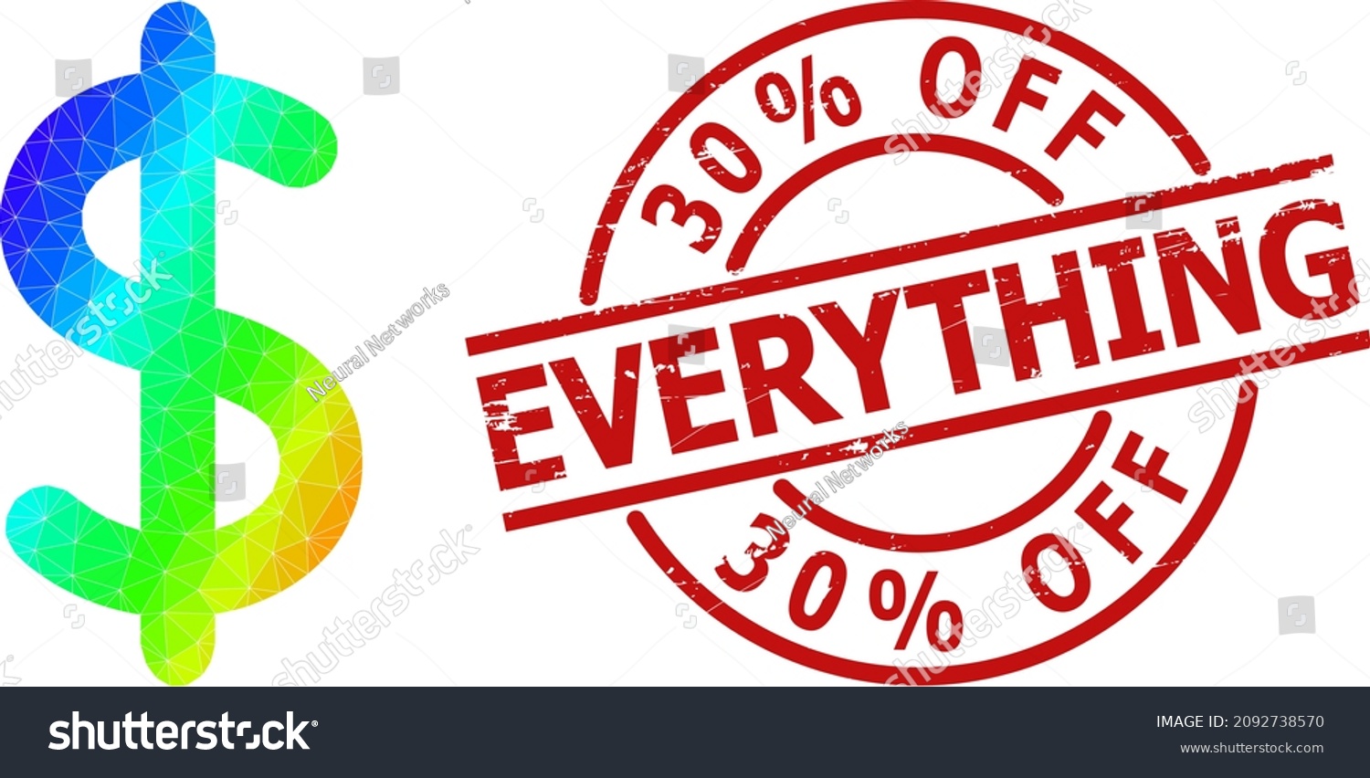 SVG of 30 percent Off Everything dirty stamp seal and low-poly spectrum colored dollar sign icon with gradient. Red stamp has 30 percent Off Everything caption inside circle and lines form. svg