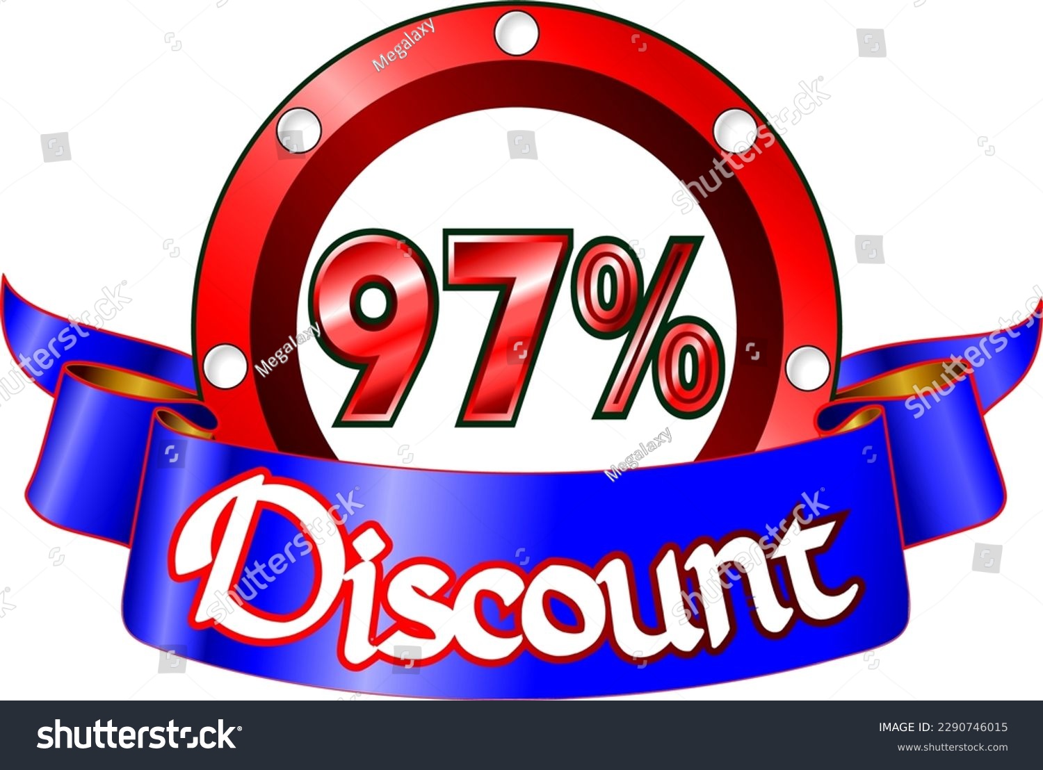 SVG of 97 percent off, red disk and blue ribbon, vector illustration for wholesale and retail, illustrative art, beautiful percentage % illustration, vector banner. God is good! svg