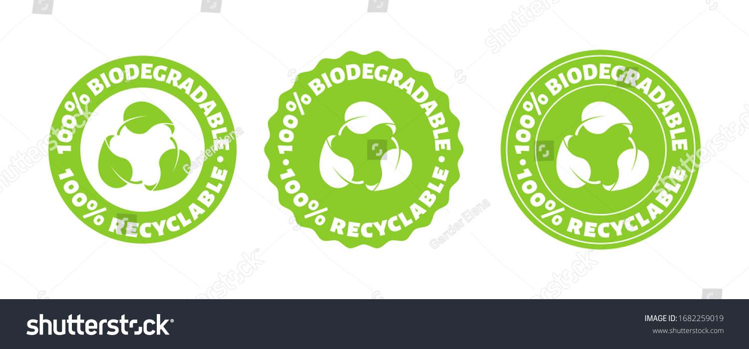SVG of 100 persent biodegradable recycle stamp. Vector reusable plastic bio package logo icon set. Eco sign svg