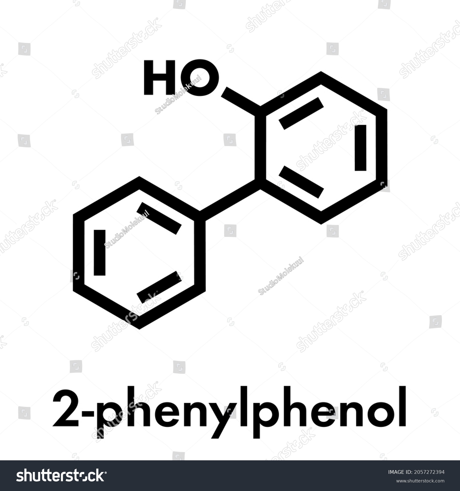 SVG of 2-phenylphenol preservative molecule. Biocide used as food additive, preservative, and disinfectant.  Skeletal formula. svg