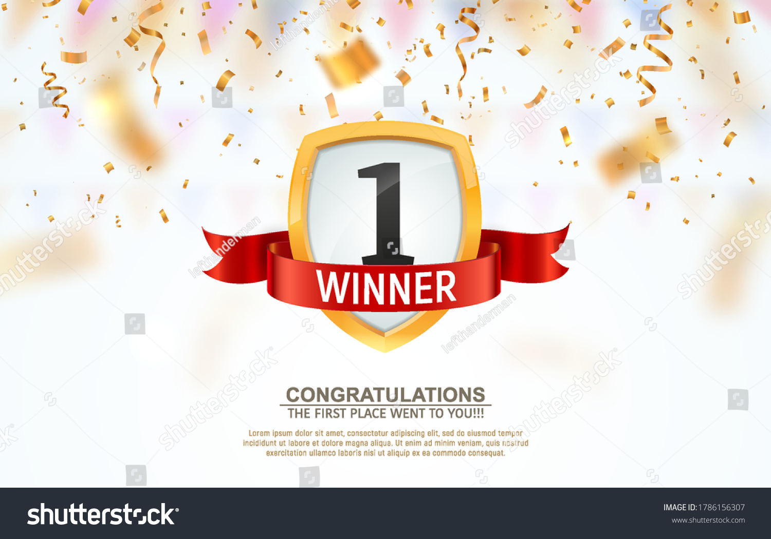 SVG of 1 place competition vector illustration. Winner first number on a gold shield with red ribbon badge on falling down confetti background svg
