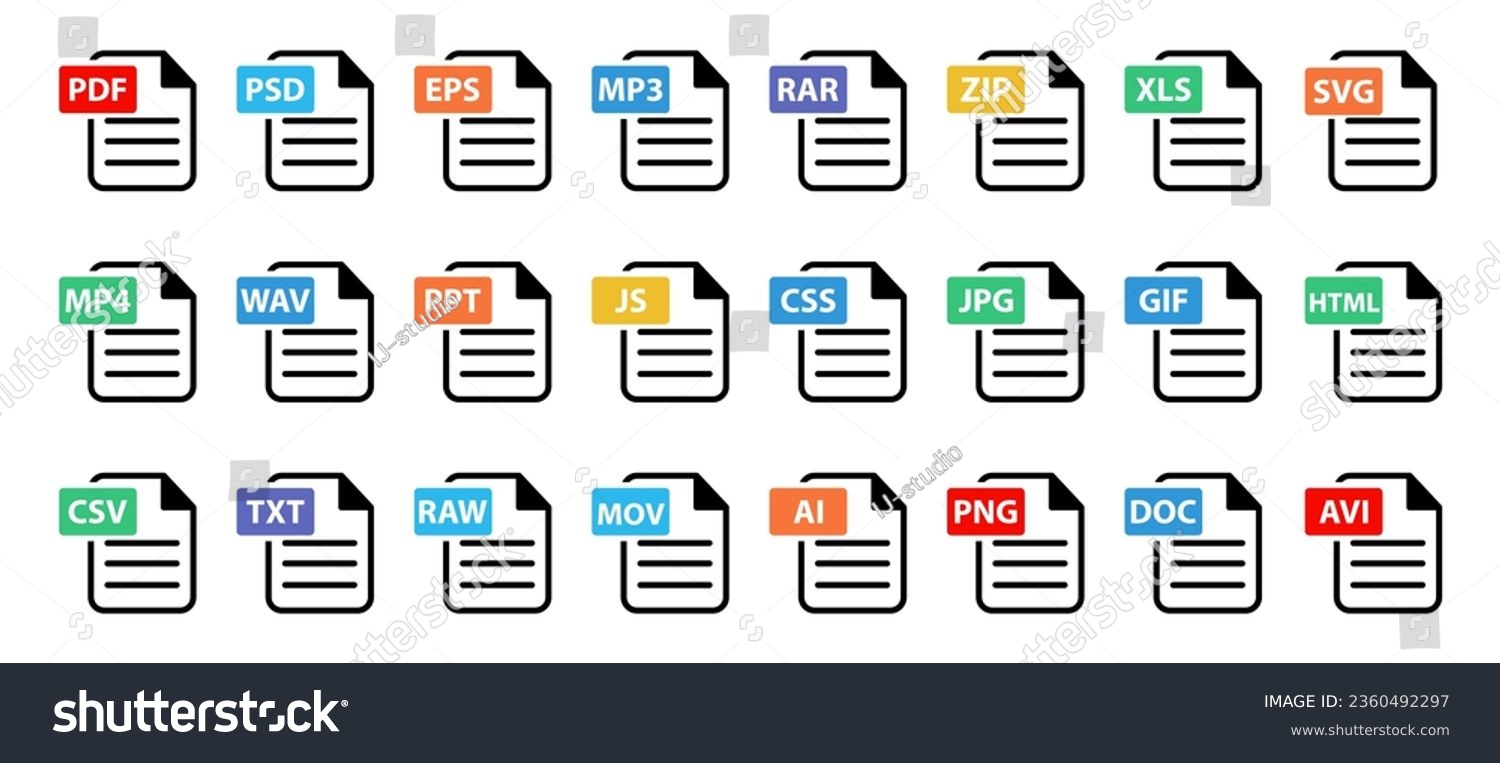 SVG of  Popular File type icon set. Сollection of File formats icon.PSD,SVG,CSS,PNG,EPS,ZIP,DOC,MOV and many others file icon. svg