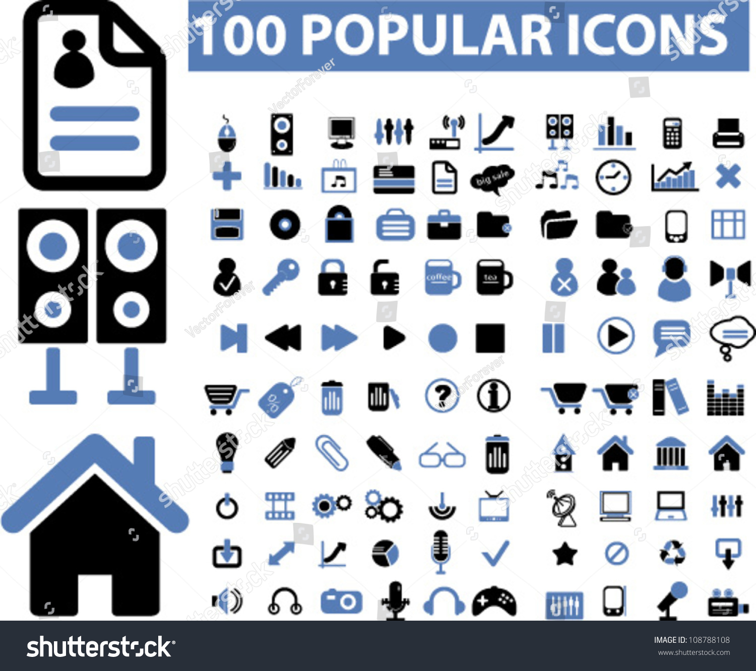 100 Popular Media Icons Set, Vector - 108788108 : Shutterstock