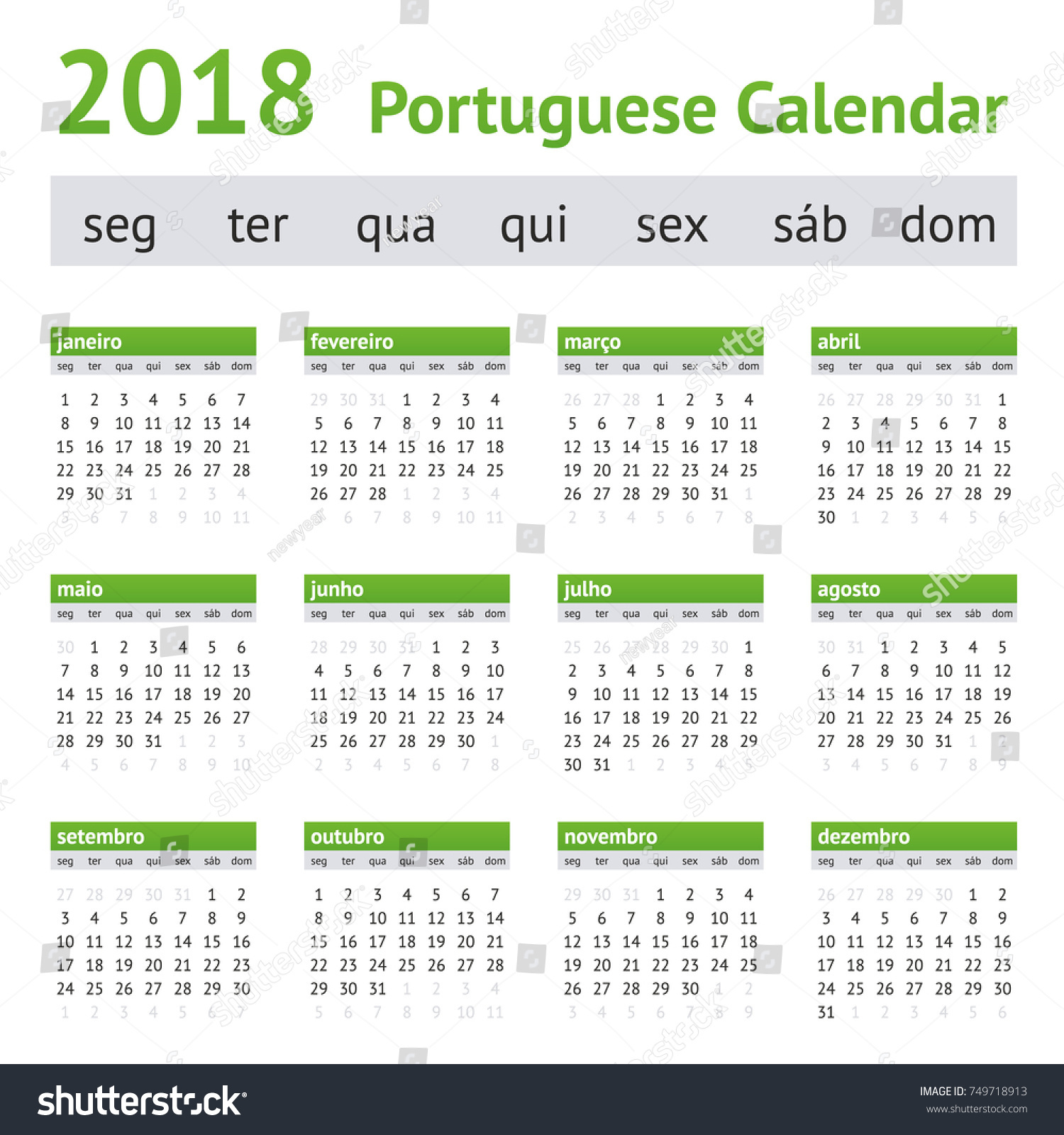 2018 portuguese european calendar week starts 
