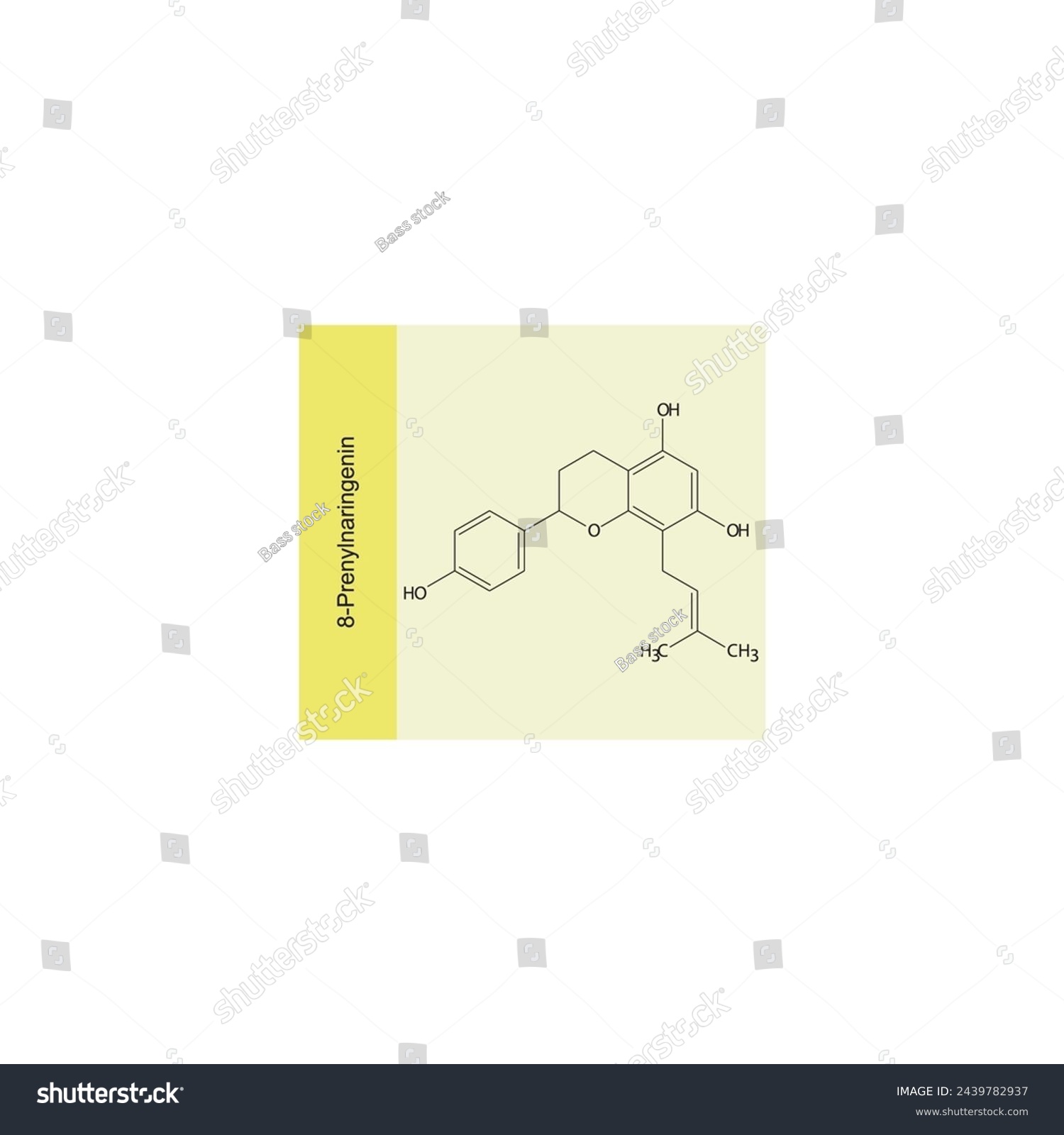 SVG of 8-Prenylnaringenin skeletal structure diagram.Isoflavanone compound molecule scientific illustration on yellow background. svg