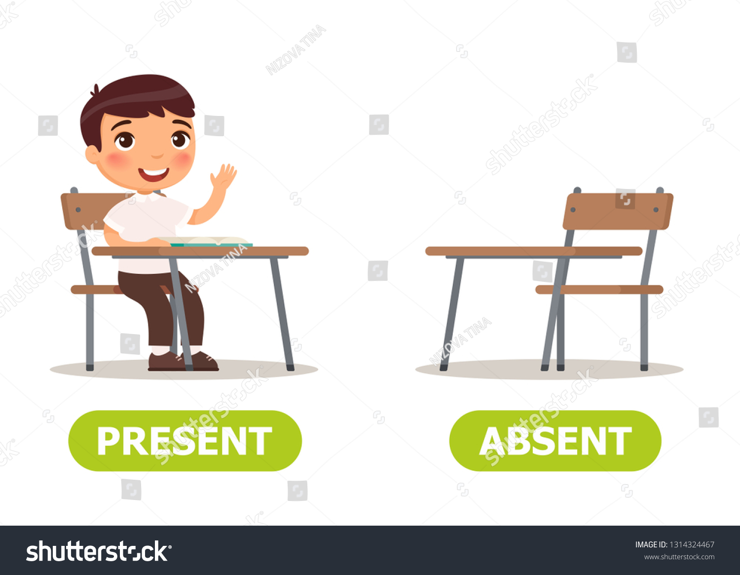 present-absent-antonyms-word-card-vector-vetor-stock-livre-de