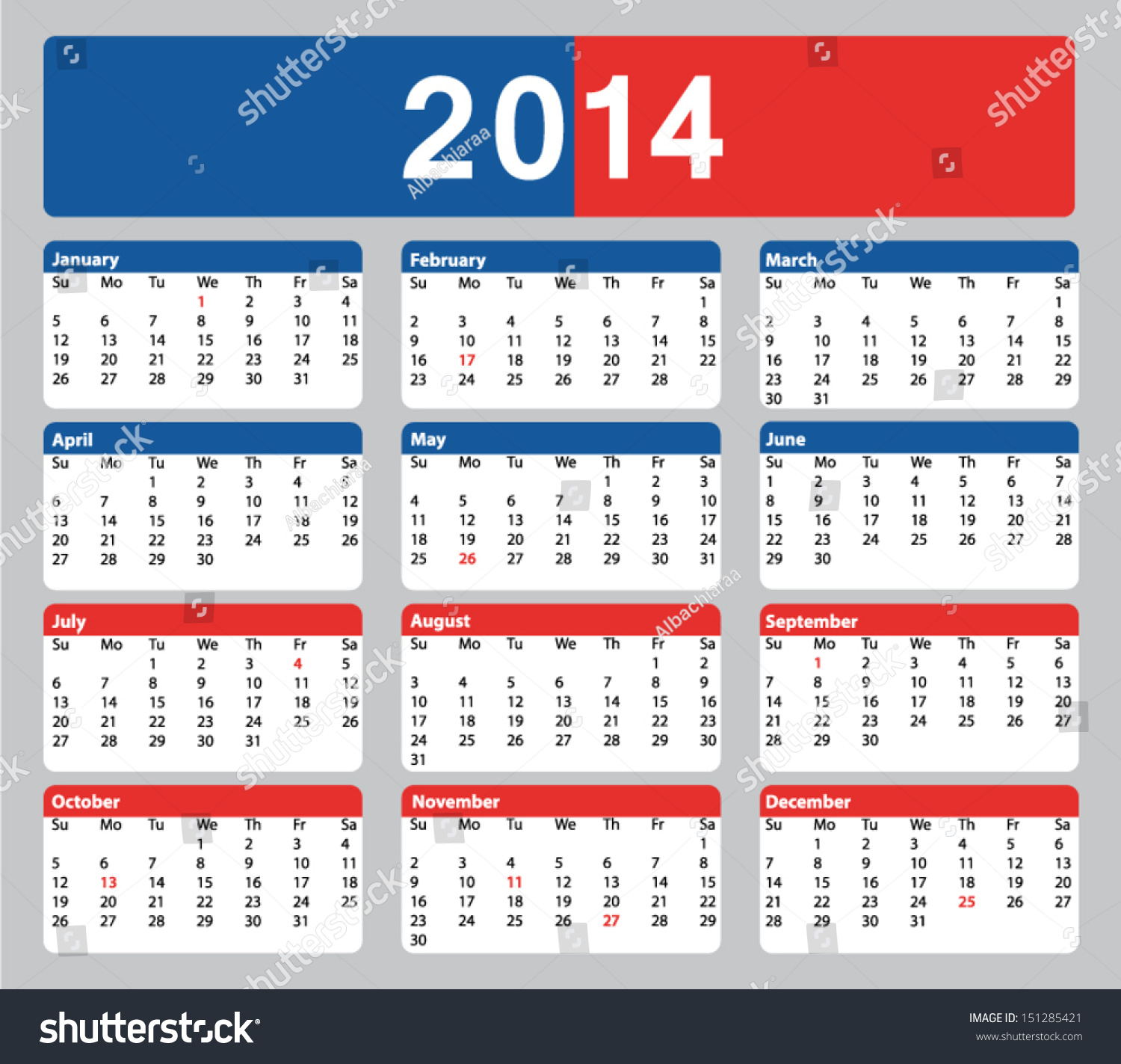 2014 Printable American Calendar. Vector Illustration. Public Holidays ...