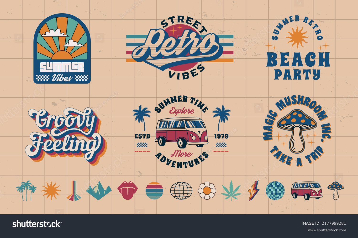 SVG of 6 Retro Groovy logo templates and 13 trendy elements to create your own design. Print for t-shirt, banner, poster, cover, badge and label. Retro 70's typography design. Vector illustration svg