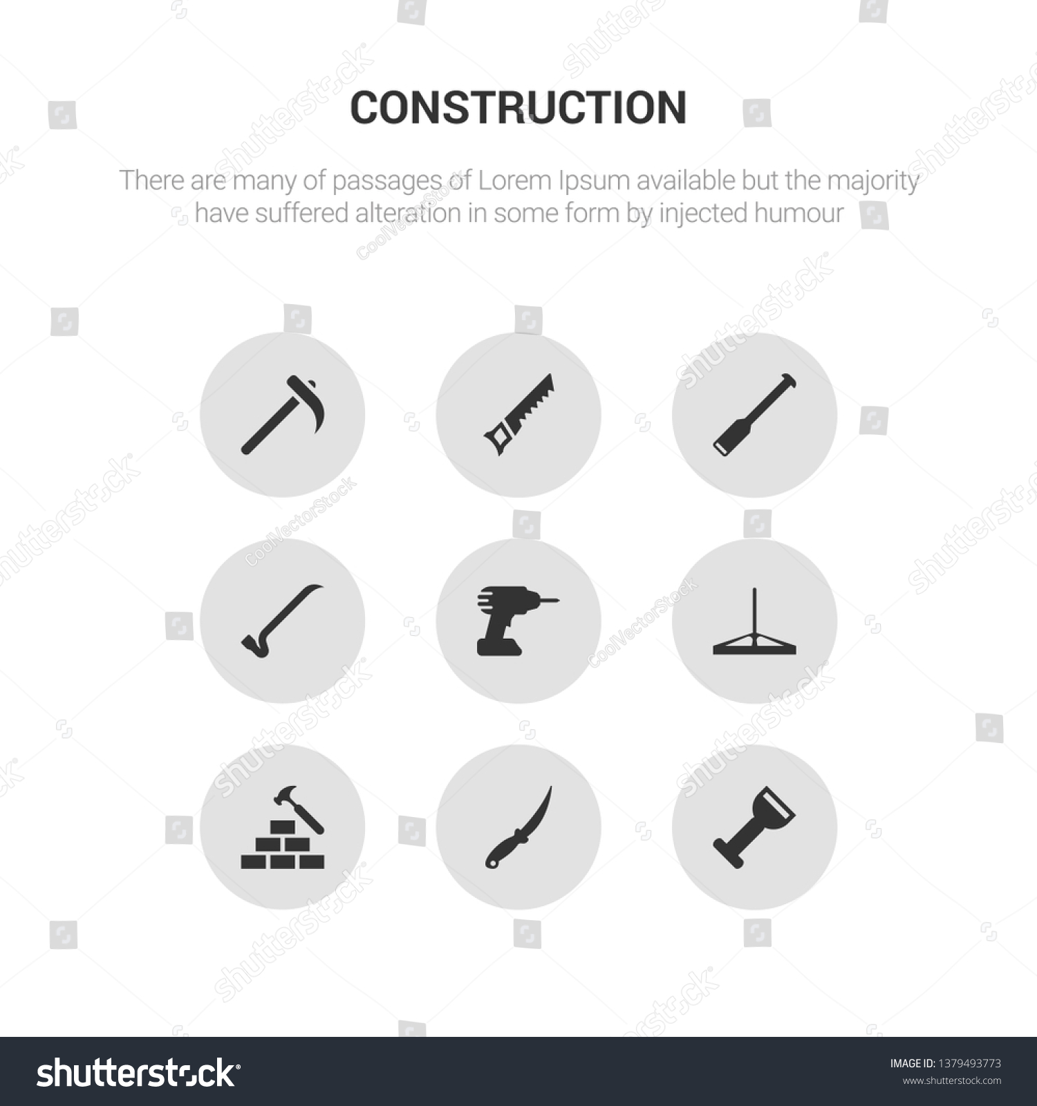 SVG of 9 round vector icons such as bolster, boning rod, brick hammer, bump cutter, cordless drill contains crowbar, digging bar, hand saw, hoe. bolster, boning rod, icon3_, gray construction icons svg