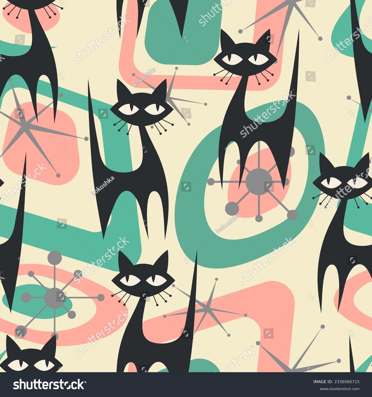 SVG of 1950s Mid Century Modern Atomic Black Cats and Starbursts pattern. Seamless vector background in fifties style svg