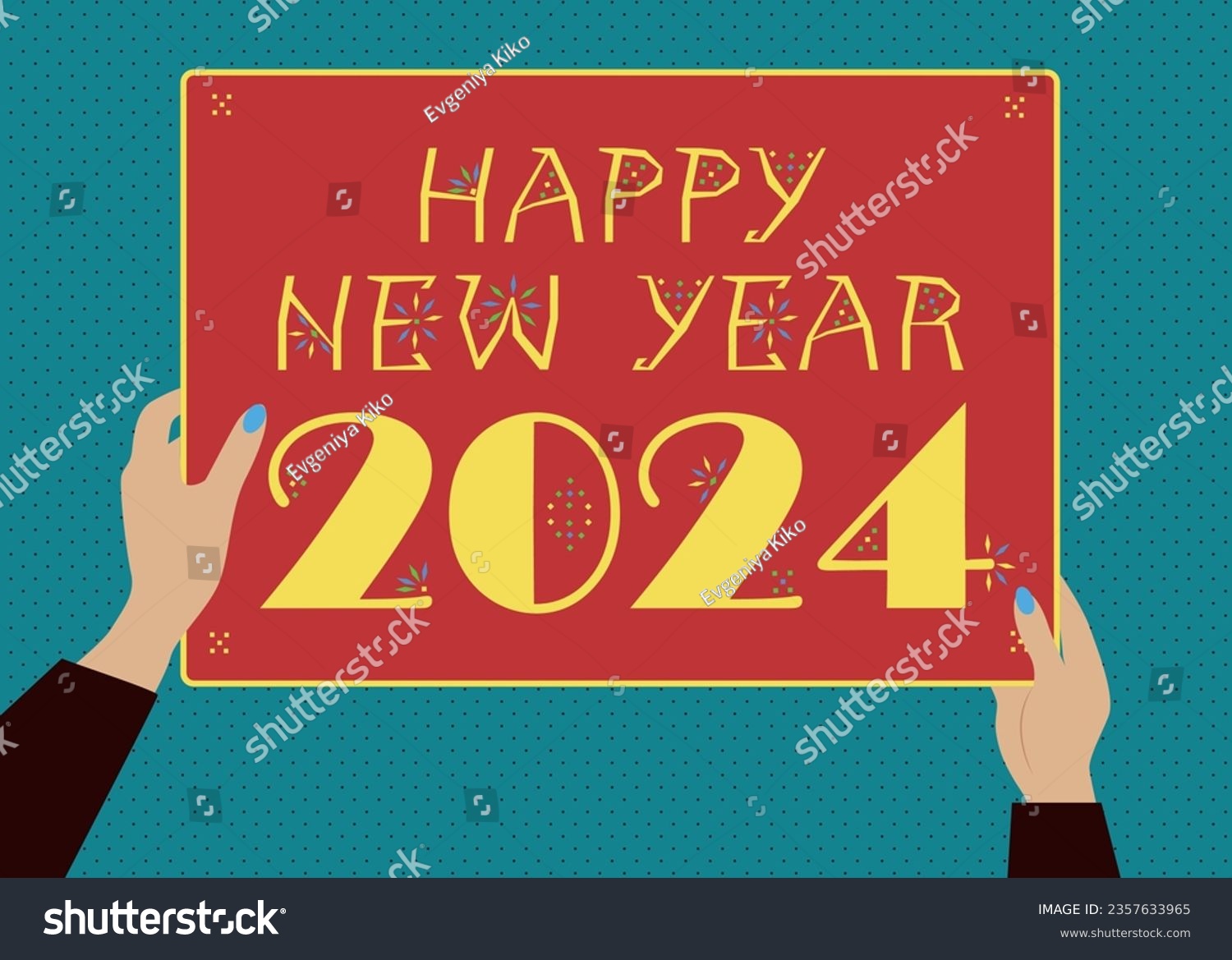 SVG of 60s Retro New Year Greeting - Vibrant Happy New Year 2024 card. Two hands, complete with blue manicured nails, clutching a vivid poster. Yellow signs adorned with geometric decorations, red background svg