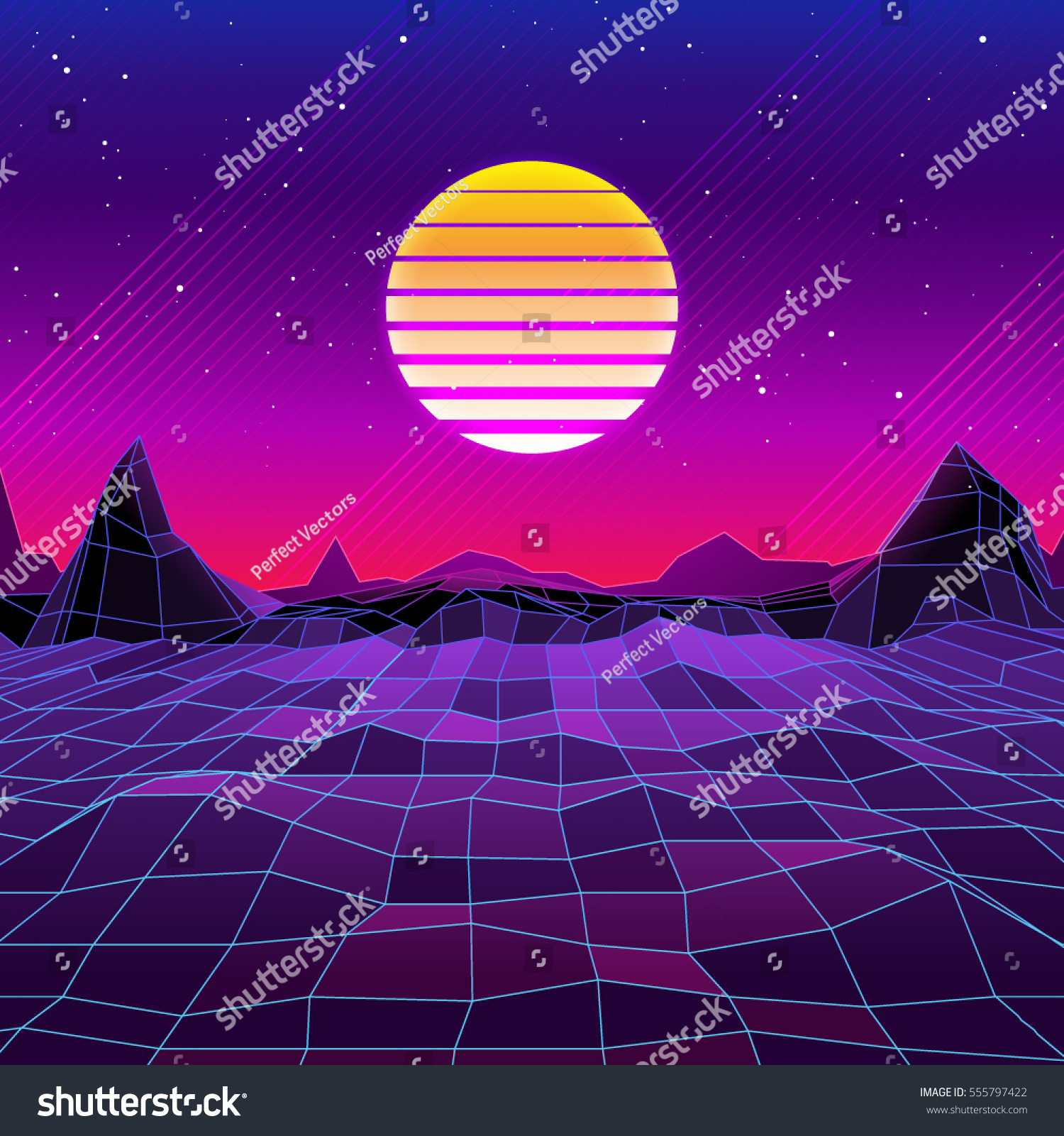 80s Retro Scifi Background Sun Mountains Stock Vector (Royalty Free ...