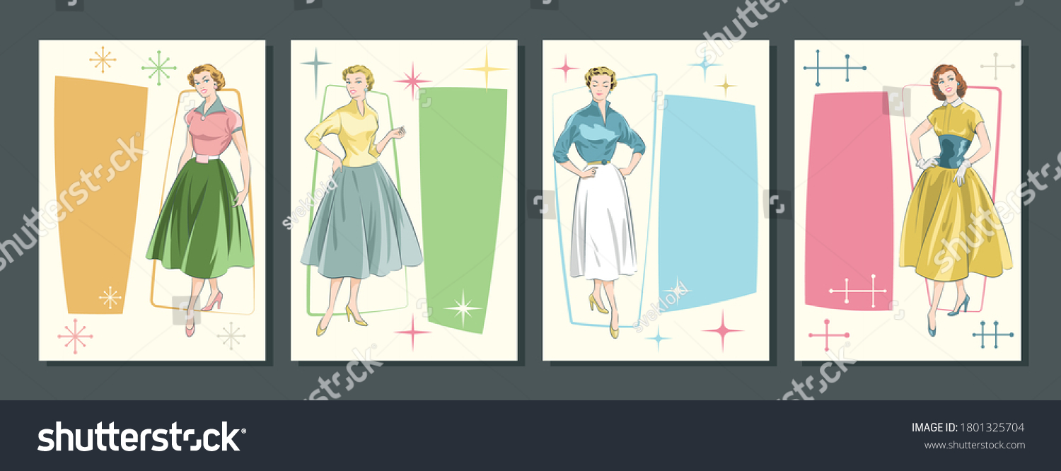 SVG of 1950s Women Fashion Style Illustrations, Mid Century Modern Trends, Vintage Colors  svg