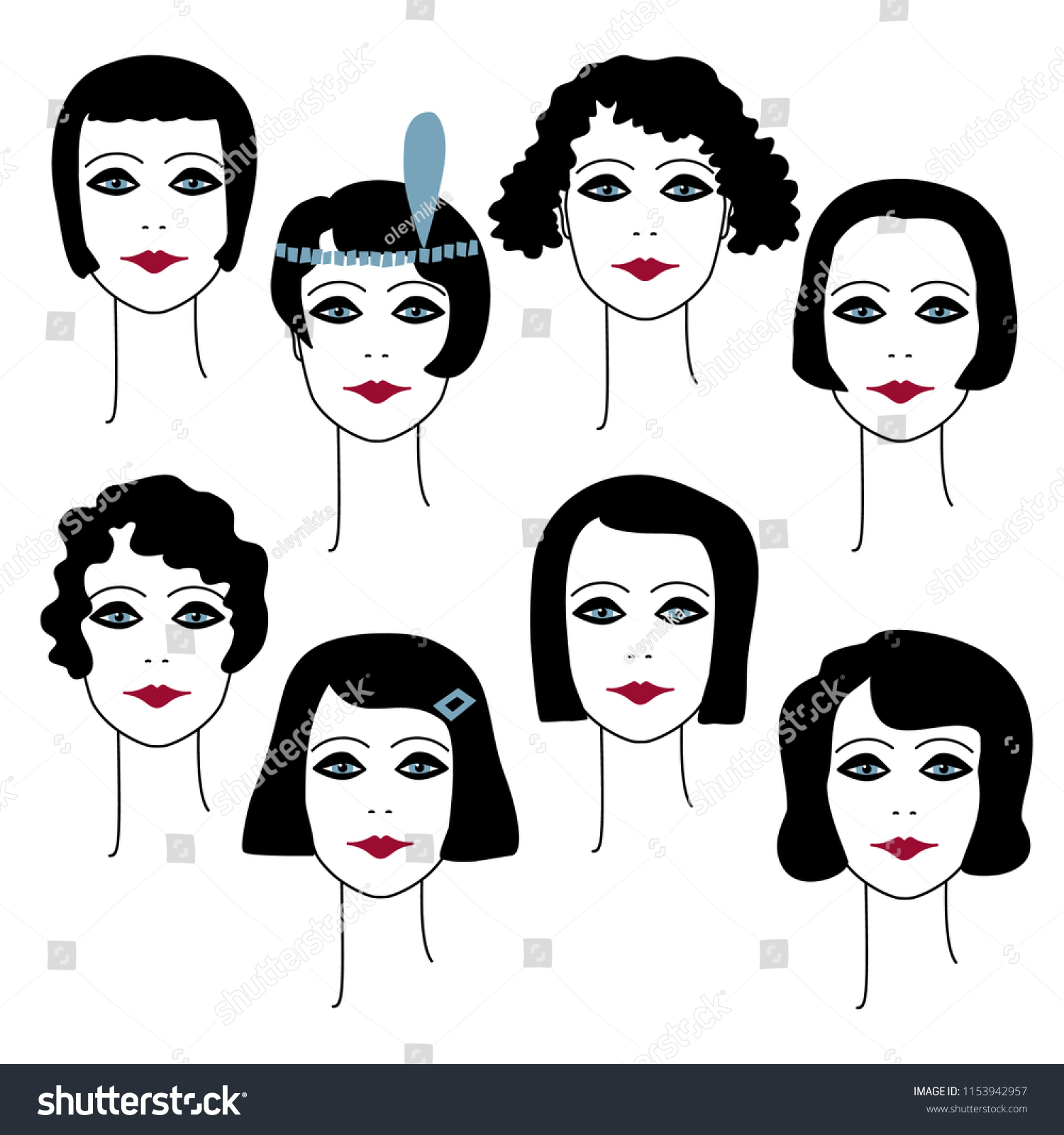 1920s Womens Hairstyles Makeup Vector Illustration Beauty