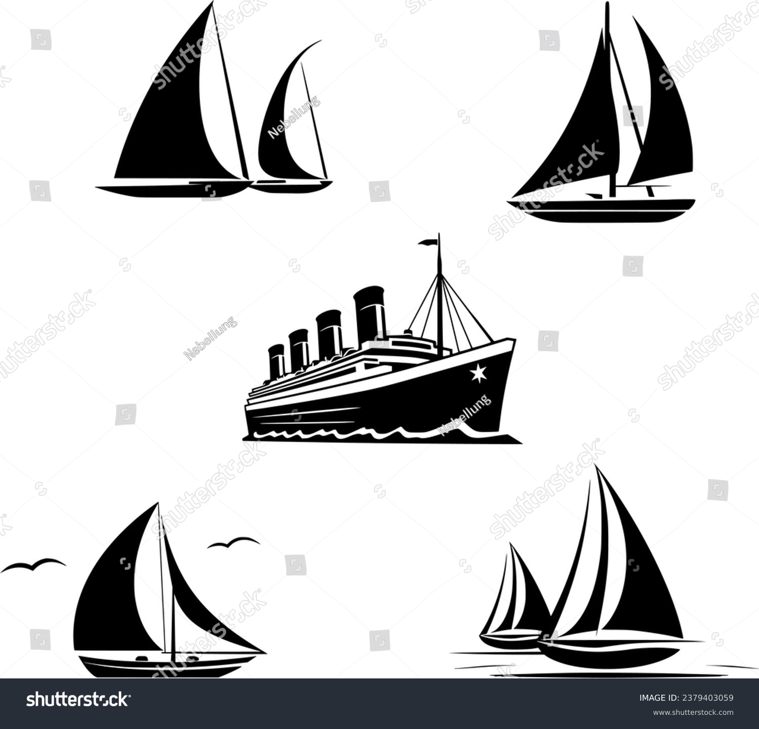SVG of 4 sailboats in different variants. 
1 Titanic-like steamship. svg