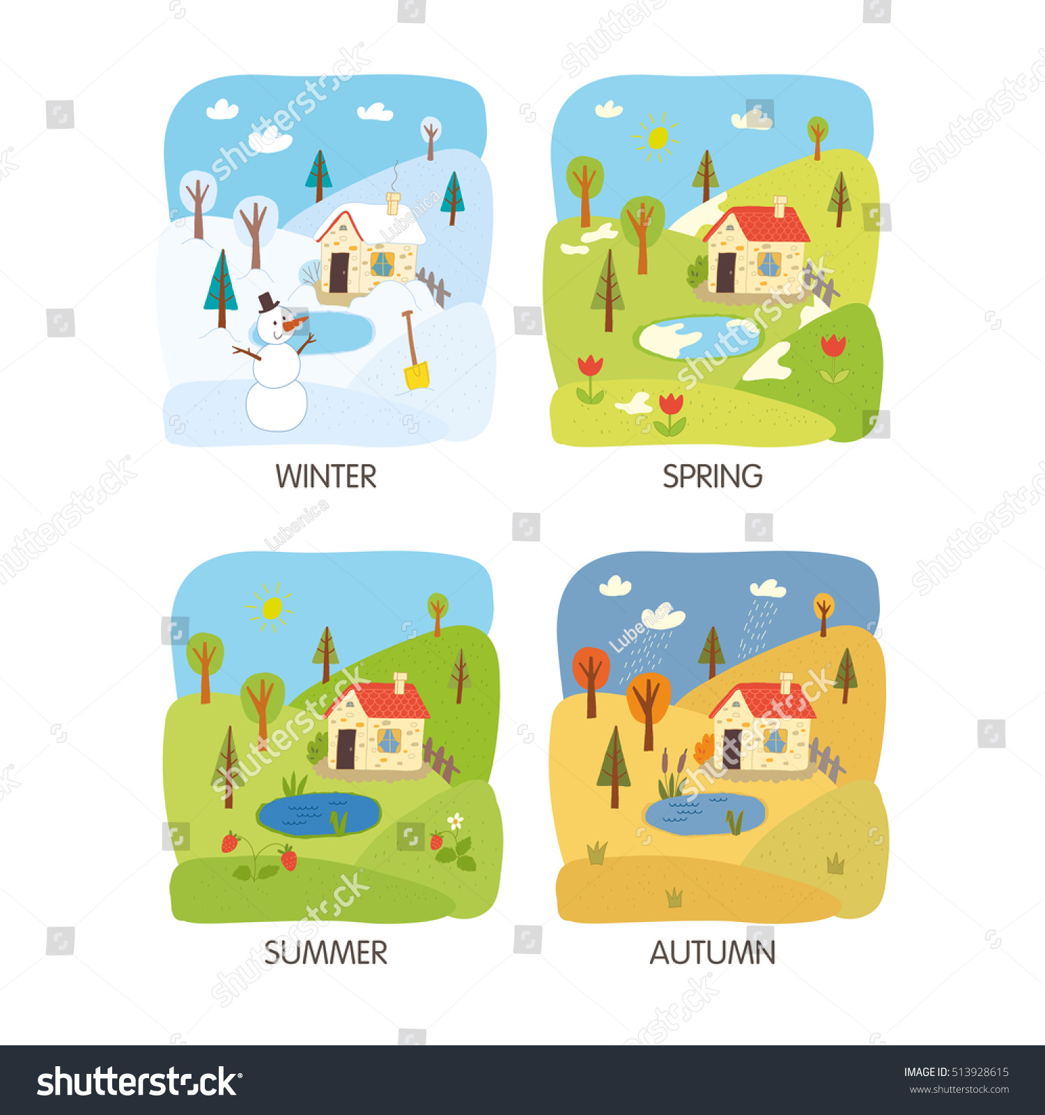 4 Seasons Landscape Winter Spring Summer Stock Vector 513928615 ...