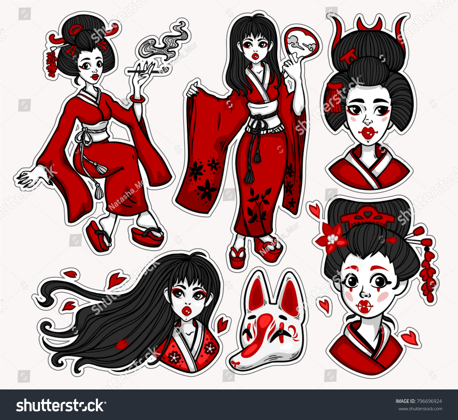 Set Flash Style Japanese Oriental Patches People Stock Image