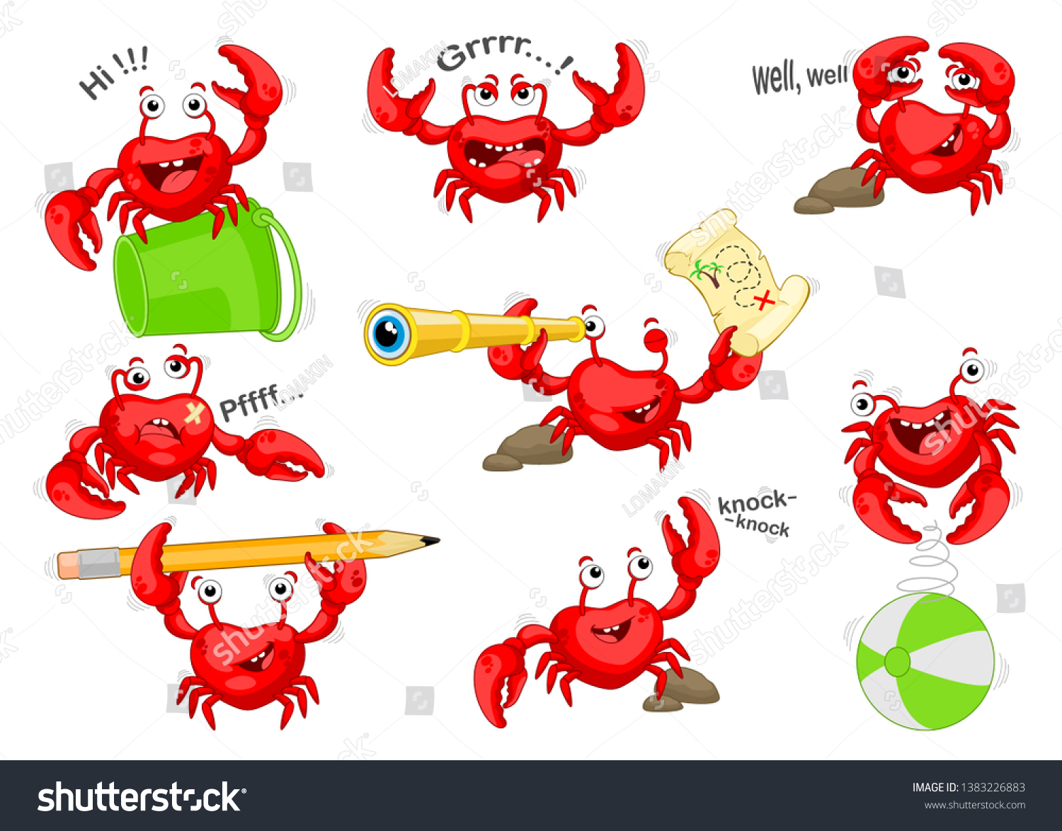 SVG of   Set of red crabs in different poses and emotions. Illustration of crabs on white background. svg