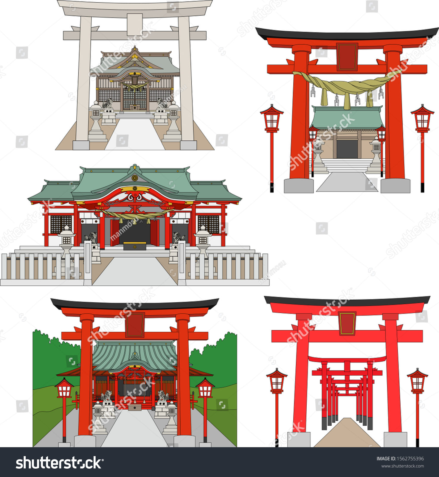 Several Illustrations Japanese Shrines Outline Stock Vector (Royalty
