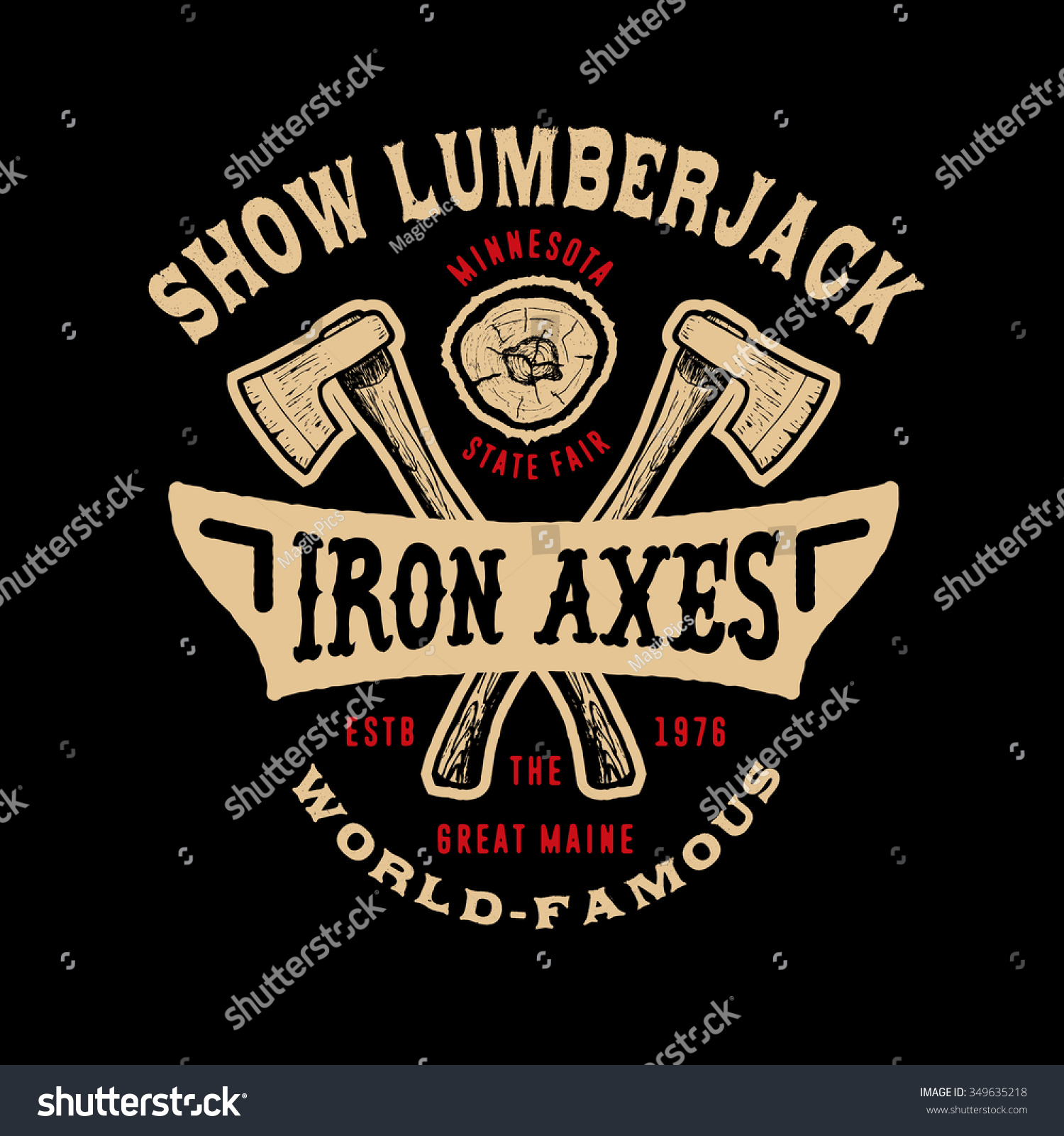 SVG of 77 SHOW LUMBERJACK. Handmade IRON axeS retro style. Design fashion apparel  print. T shirt graphic vintage grunge vector illustration badge label logo template. 

 svg