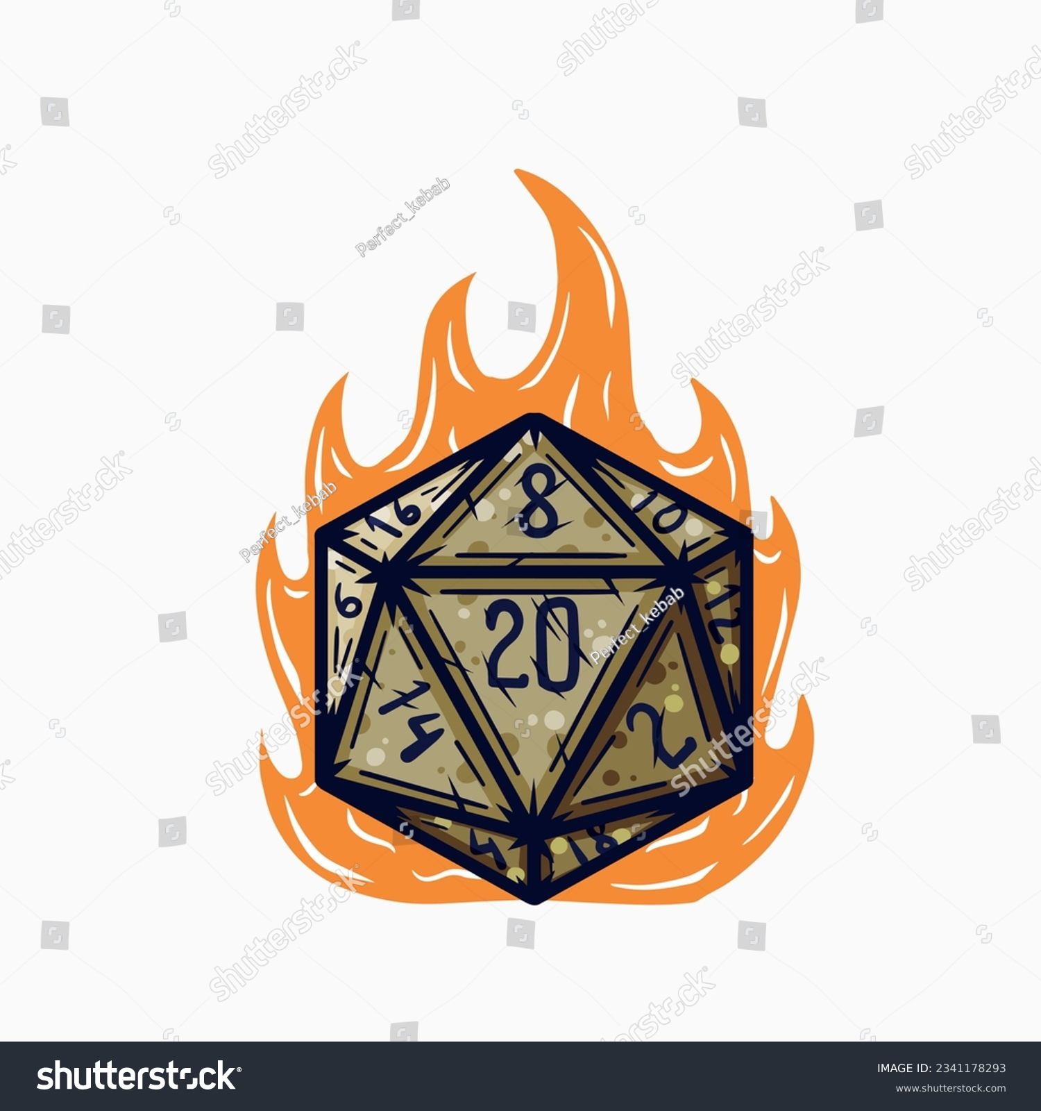 SVG of 20 sided dice with numbers. Cartoon dice for fantasy dnd and rpg Board game. Magic fire isolated on white svg