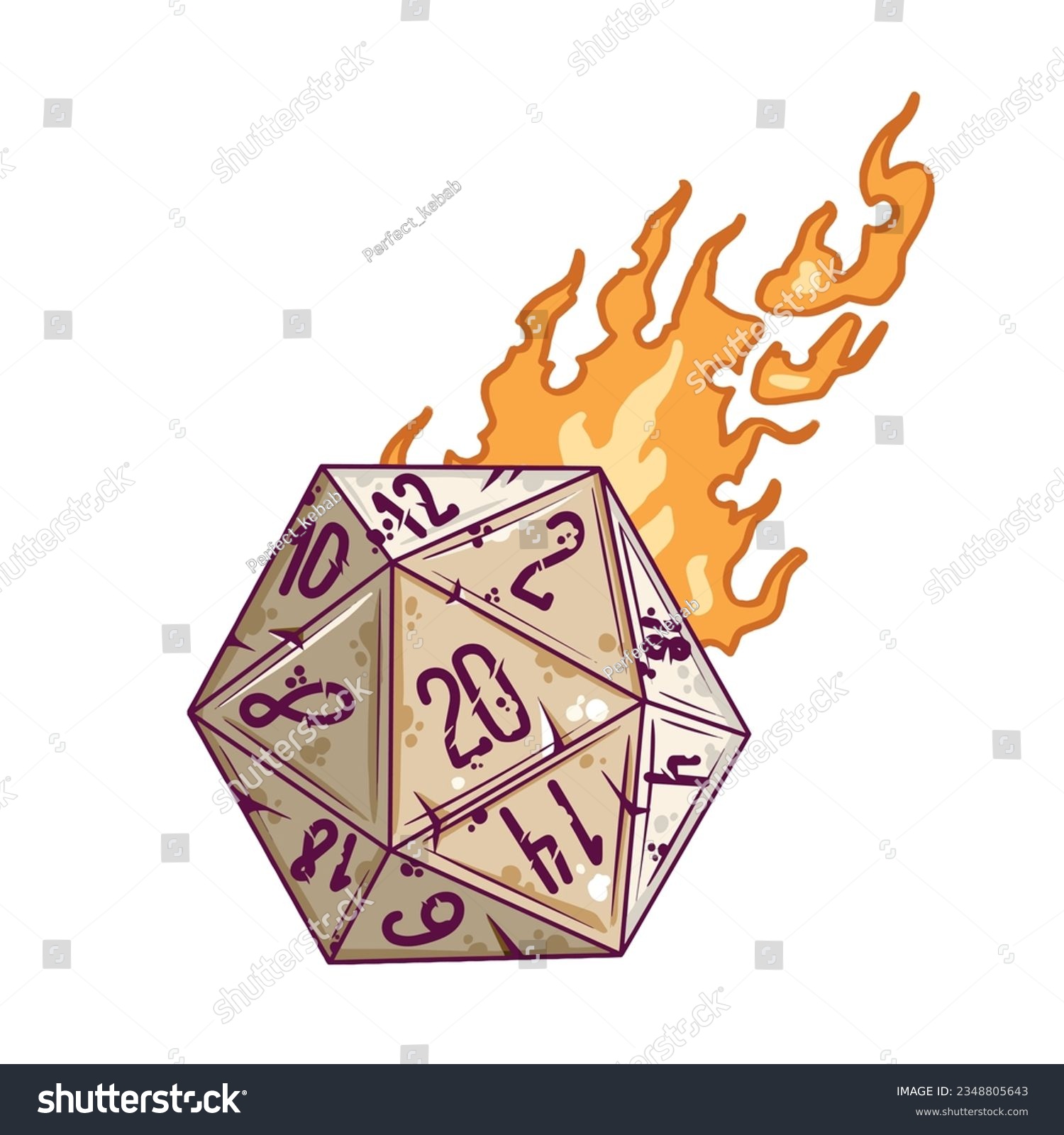 SVG of 20 sided dice with numbers. Cartoon dice for fantasy dnd and rpg Board game. Magic fire isolated on white. Hand drawn Illustration svg