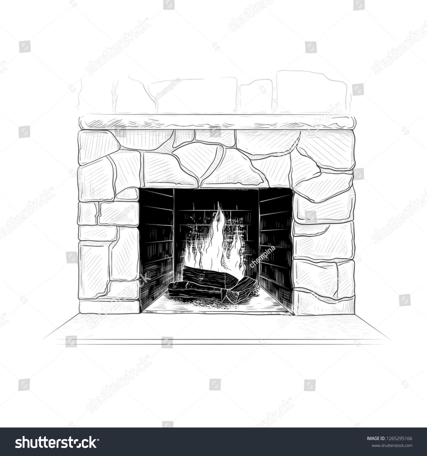 Sketch Kindled Fireplacevector Vintage Illustration Hand Stock Vector ...