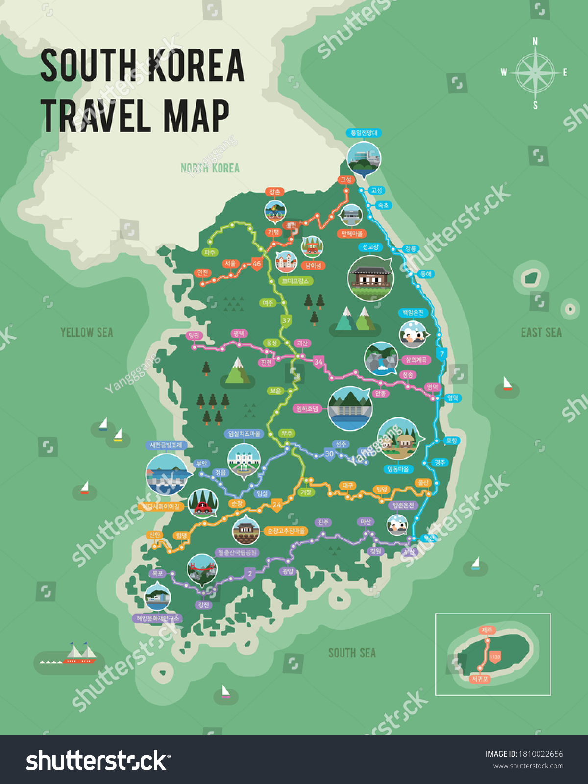 South Korea Travel Map South Korea Tourist Destination Map Vector Stock Vector (Royalty Free)  1810022656 | Shutterstock