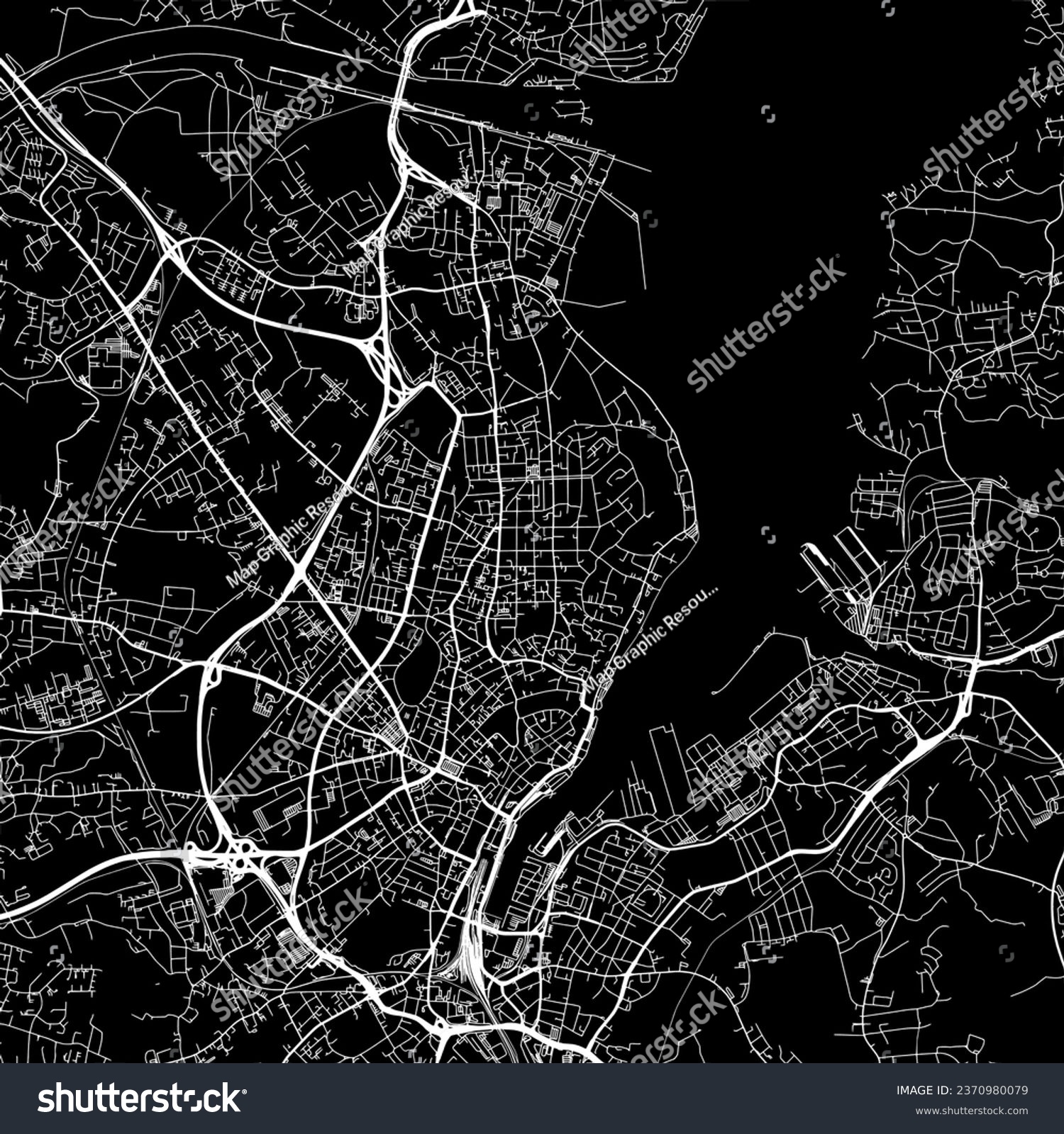 SVG of 1:1 square aspect ratio vector road map of the city of Kiel in Germany with white roads on a black background. svg