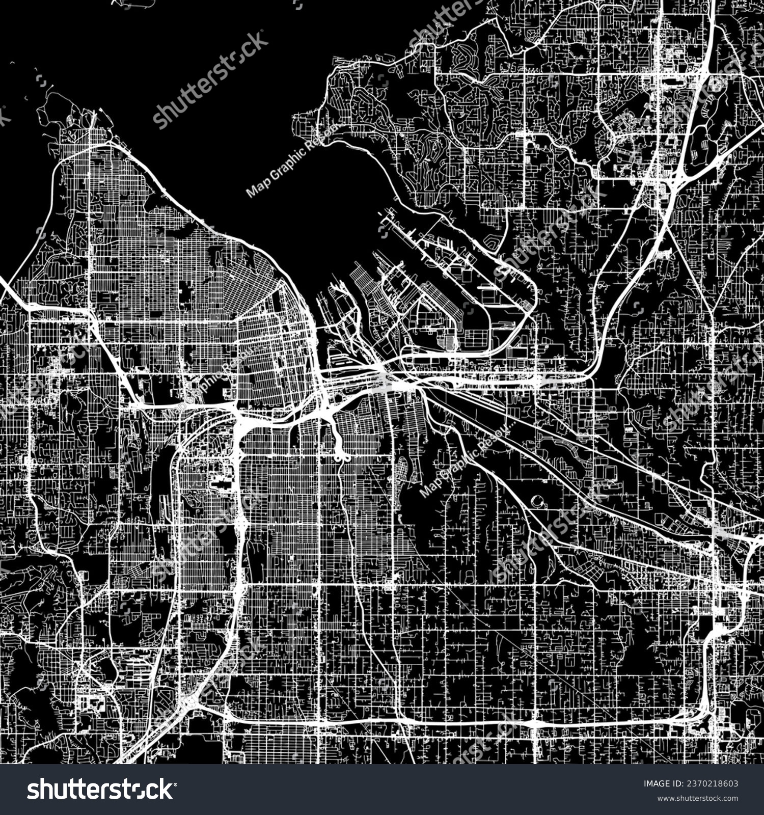 SVG of 1:1 square aspect ratio vector road map of the city of Tacoma Washington in the United States of America with white roads on a black background. svg