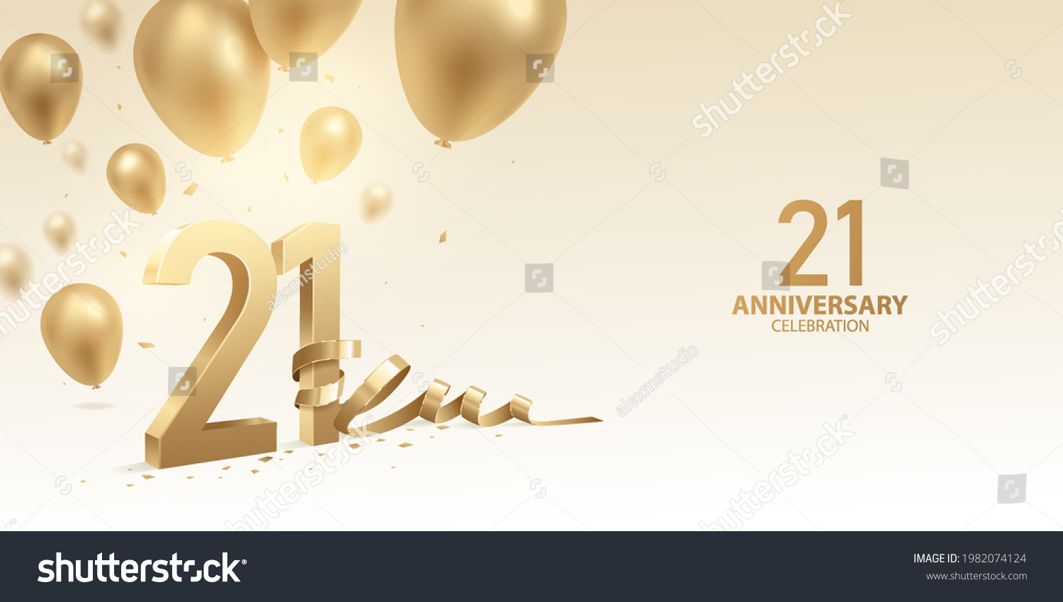 SVG of 21st Anniversary celebration background. 3D Golden numbers with bent ribbon, confetti and balloons.
 svg