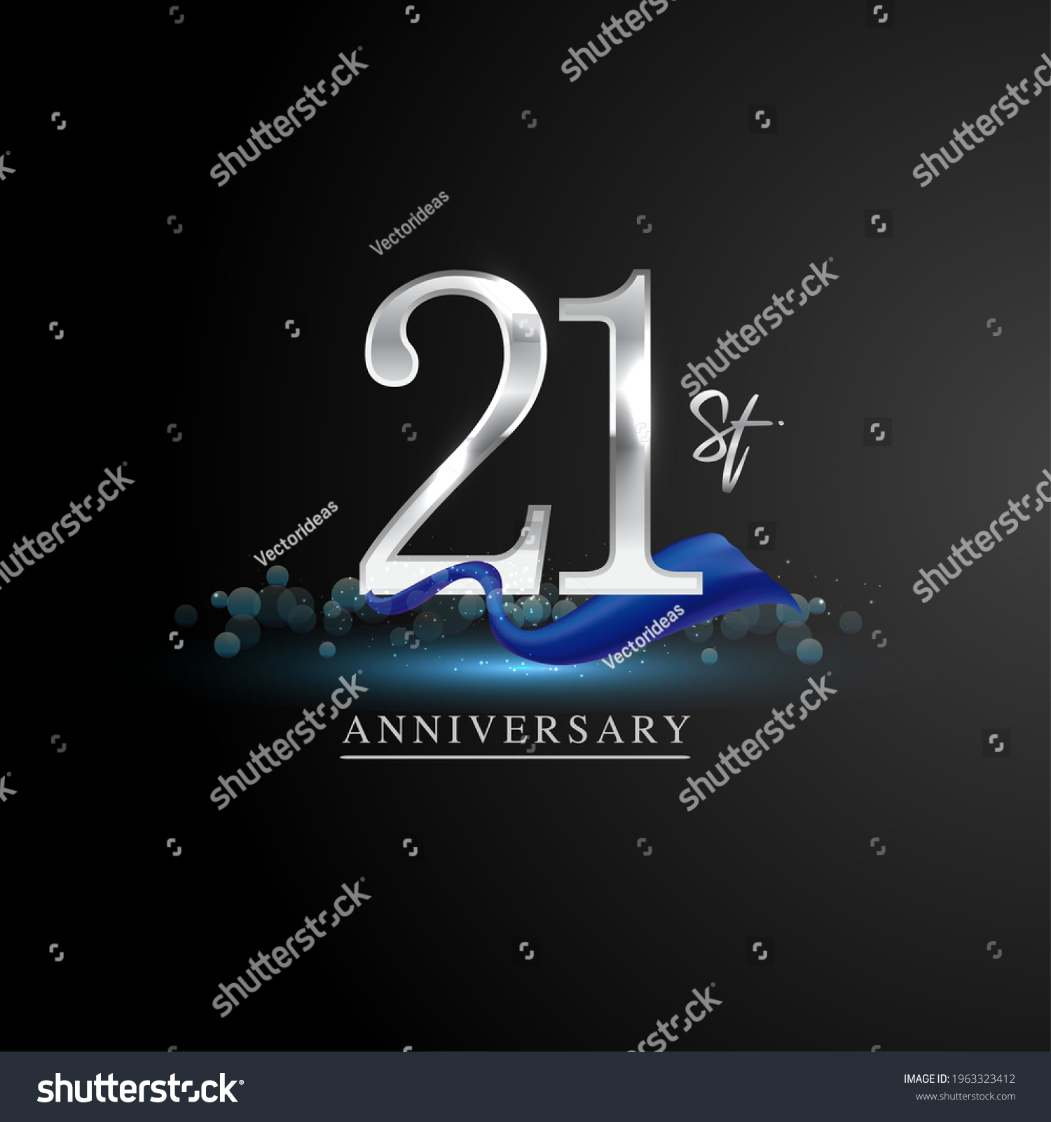 SVG of 21st silver anniversary logo with blue ribbon isolated on elegant background, sparkle, vector design for greeting card and invitation card. svg