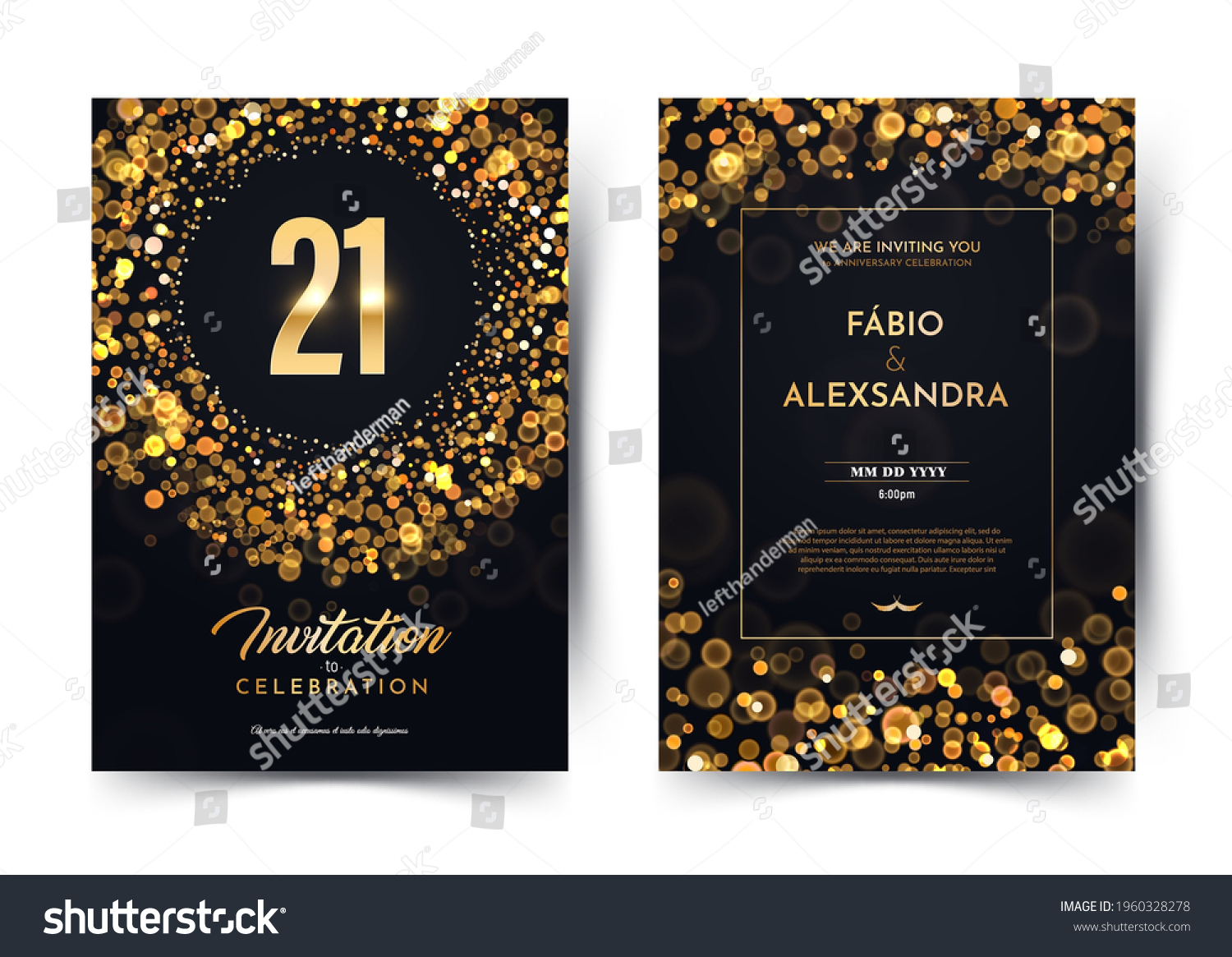 SVG of 21st years birthday vector black paper luxury invitation double card. Twenty one years wedding anniversary celebration brochure. Template of invitational for print on dark background with bokeh svg