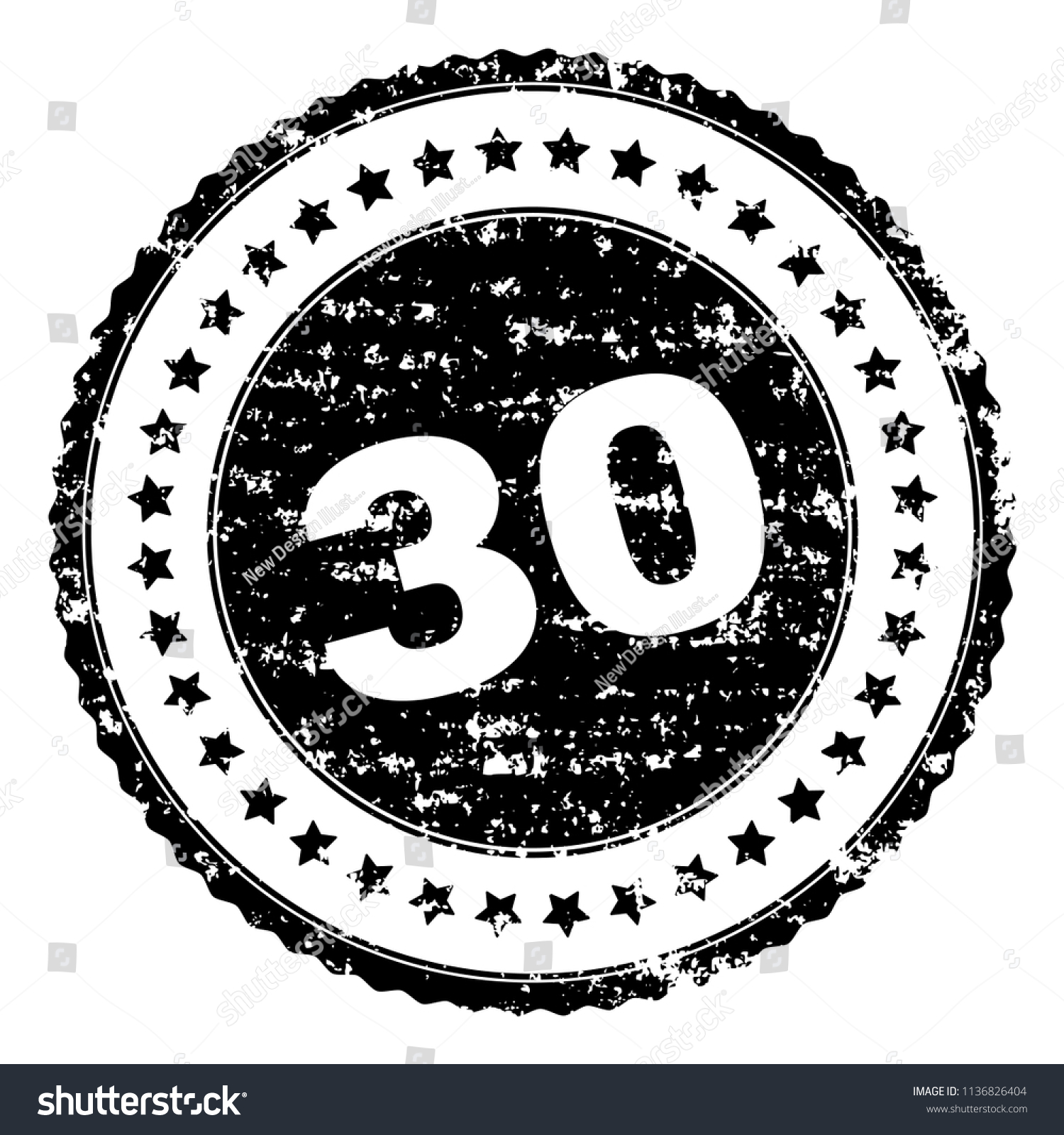 SVG of 30 stamp seal watermark with distress style. Black vector rubber print of 30 caption with dust texture. Rubber seal imitation has circle shape and contains stars. svg