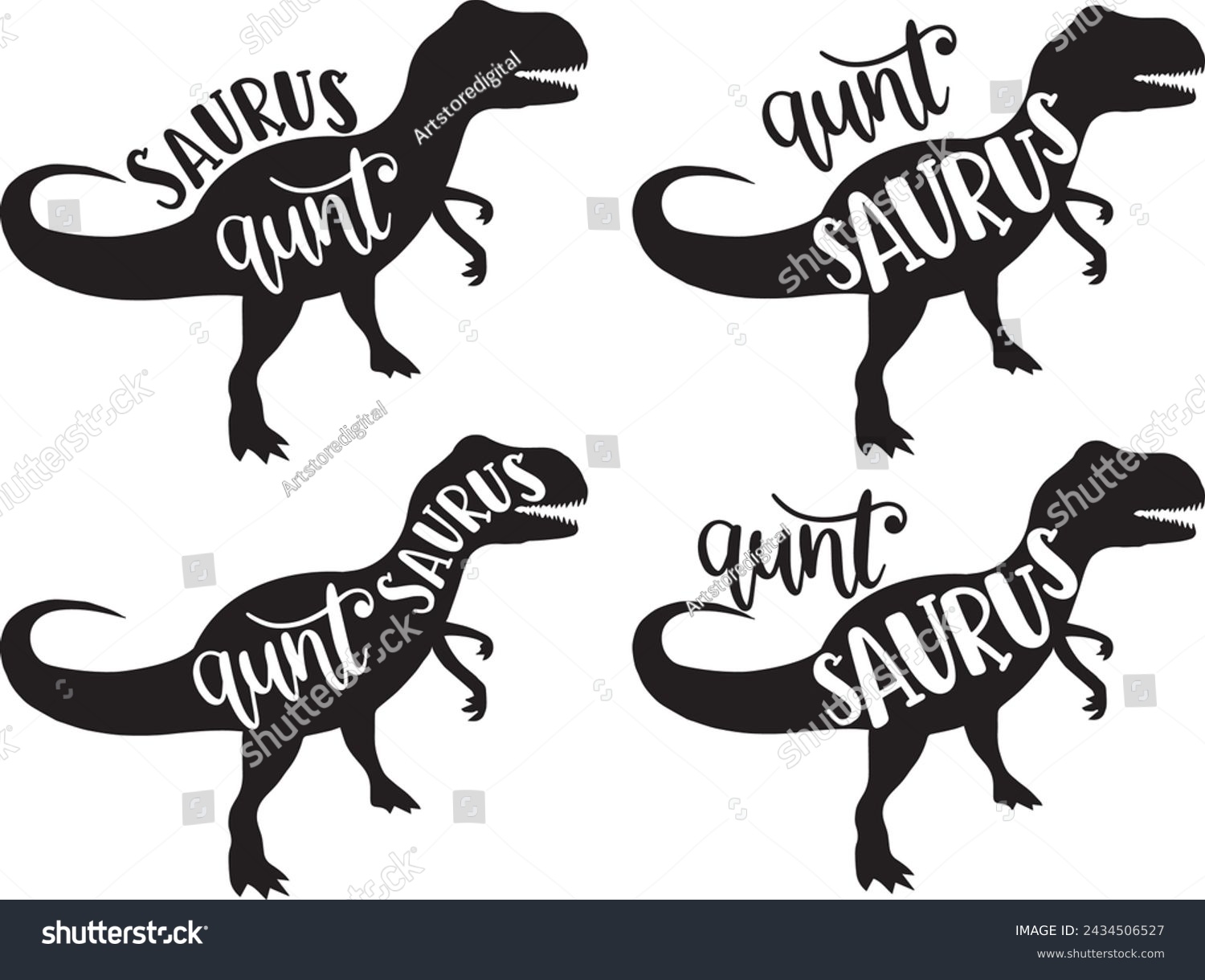 SVG of 4 styles aunt saurus, family saurus, matching family, dinosaur, saurus, dinosaur family, tRex, dino, t-rex dinosaur vector illustration file svg