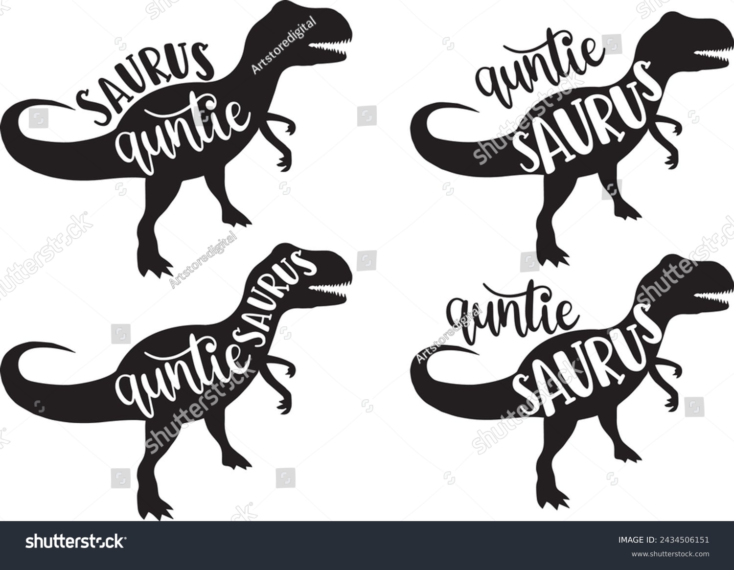 SVG of 4 styles auntie saurus, family saurus, matching family, dinosaur, saurus, dinosaur family, tRex, dino, t-rex dinosaur vector illustration file svg