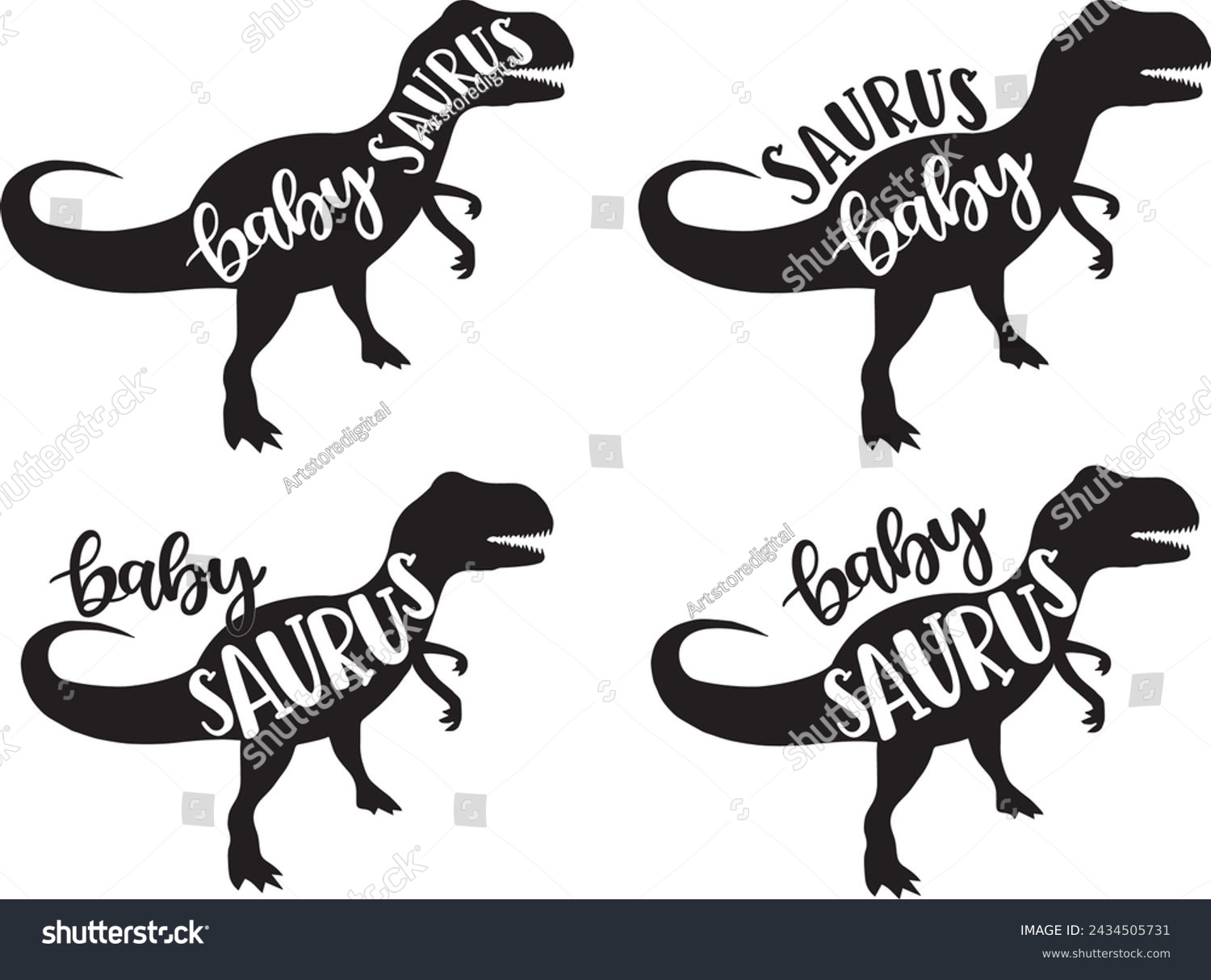 SVG of 4 styles baby saurus, family saurus, matching family, dinosaur, saurus, dinosaur family, tRex, dino, t-rex dinosaur vector illustration file svg