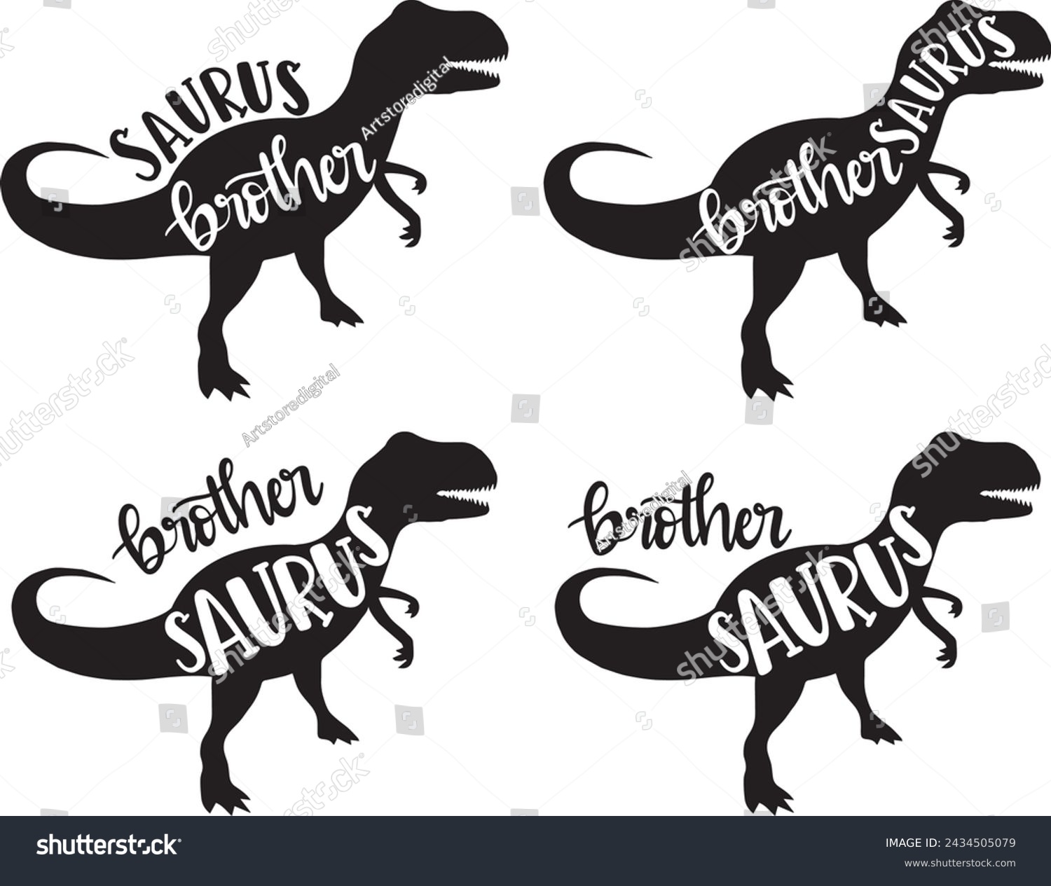 SVG of 4 styles brother saurus, family saurus, matching family, dinosaur, saurus, dinosaur family, tRex, dino, t-rex dinosaur vector illustration file svg