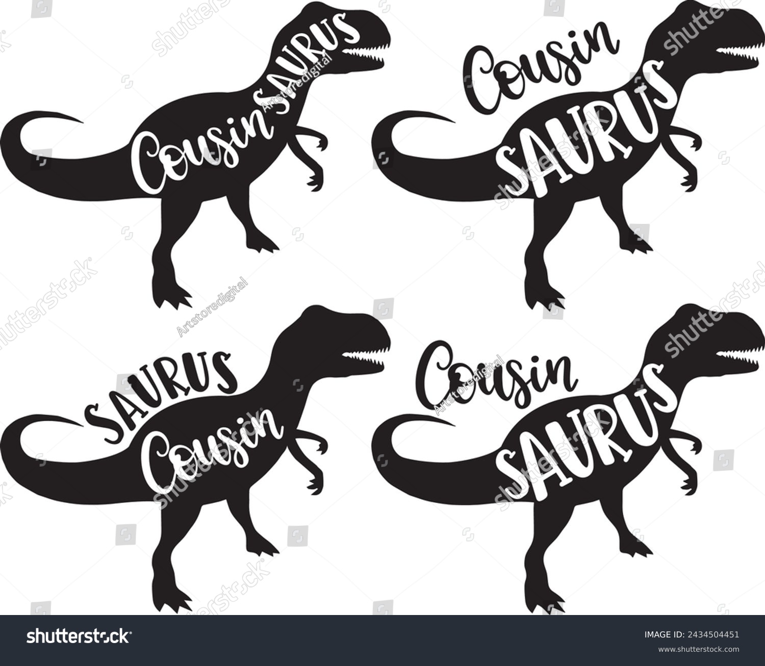 SVG of 4 styles cousin saurus, family saurus, matching family, dinosaur, saurus, dinosaur family, tRex, dino, t-rex dinosaur vector illustration file svg