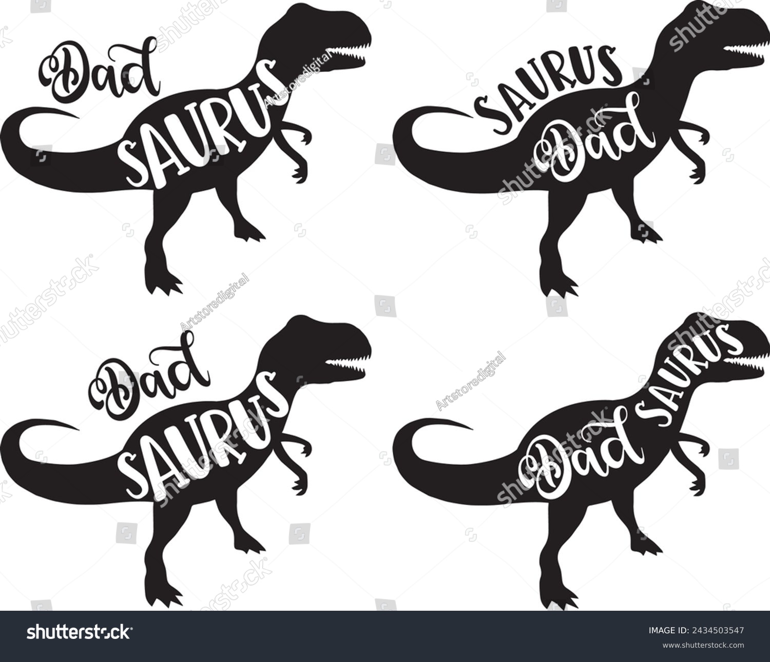 SVG of 4 styles dad saurus, family saurus, matching family, dinosaur, saurus, dinosaur family, tRex, dino, t-rex dinosaur vector illustration file svg