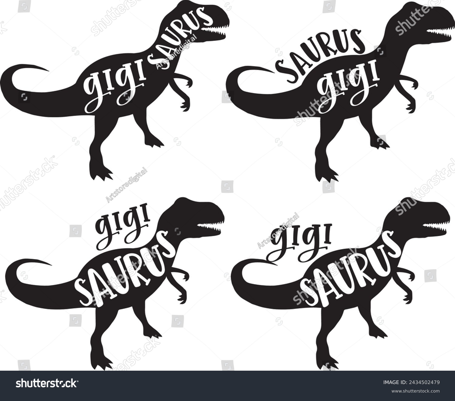 SVG of 4 styles gigi saurus, family saurus, matching family, dinosaur, saurus, dinosaur family, tRex, dino, t-rex dinosaur vector illustration file svg