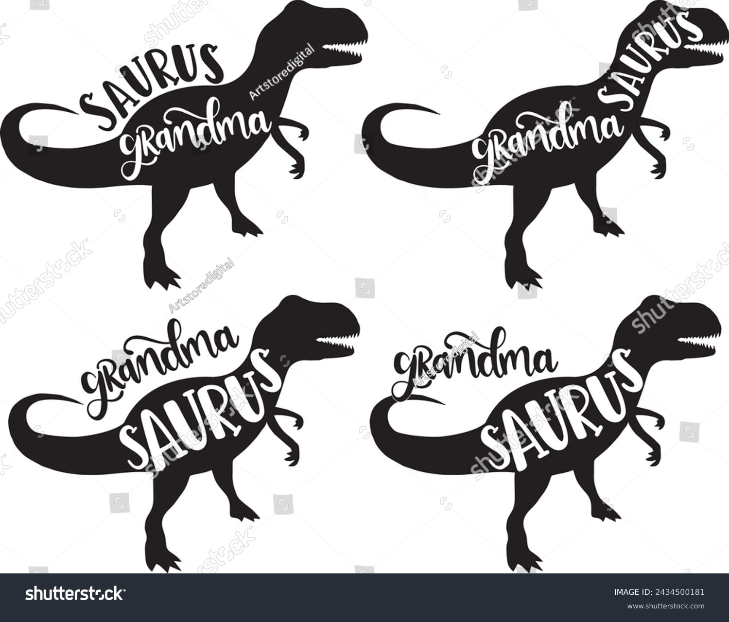 SVG of 4 styles grandma saurus, family saurus, matching family, dinosaur, saurus, dinosaur family, tRex, dino, t-rex dinosaur vector illustration file svg