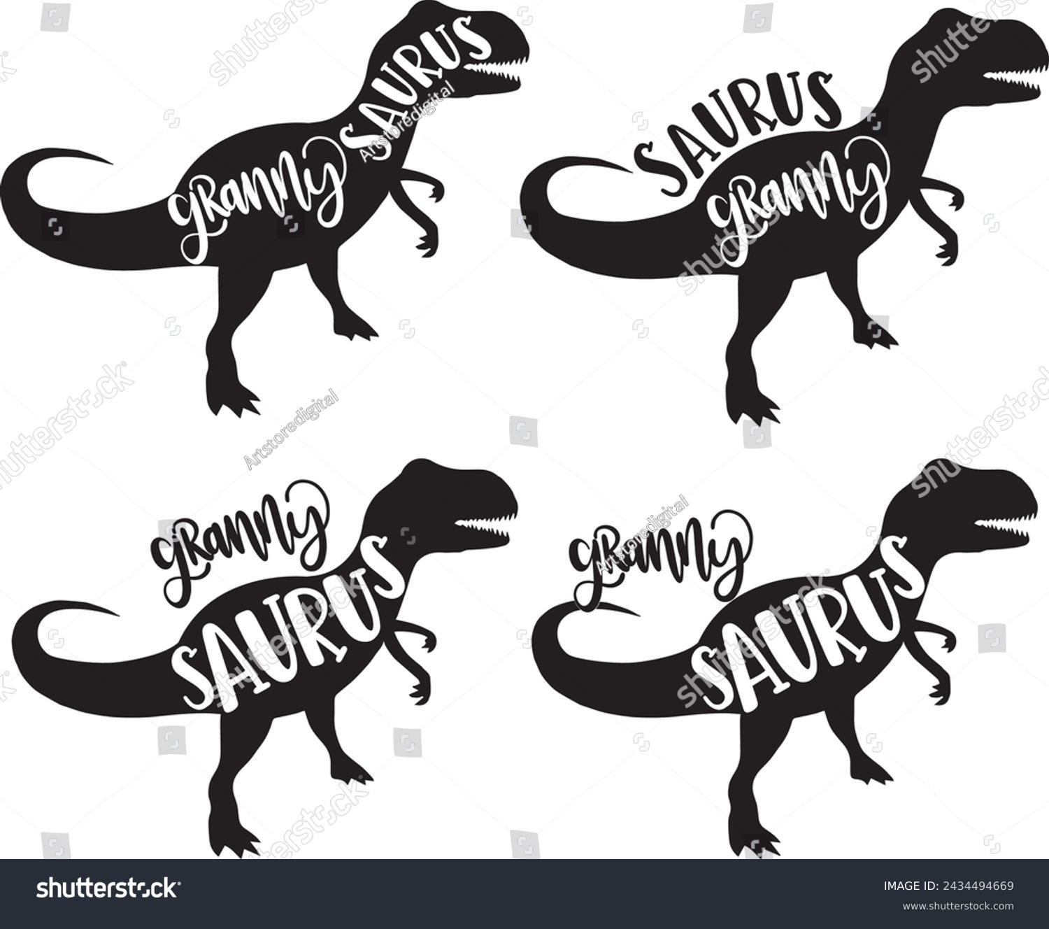 SVG of 4 styles granny saurus, family saurus, matching family, dinosaur, saurus, dinosaur family, tRex, dino, t-rex dinosaur vector illustration file svg
