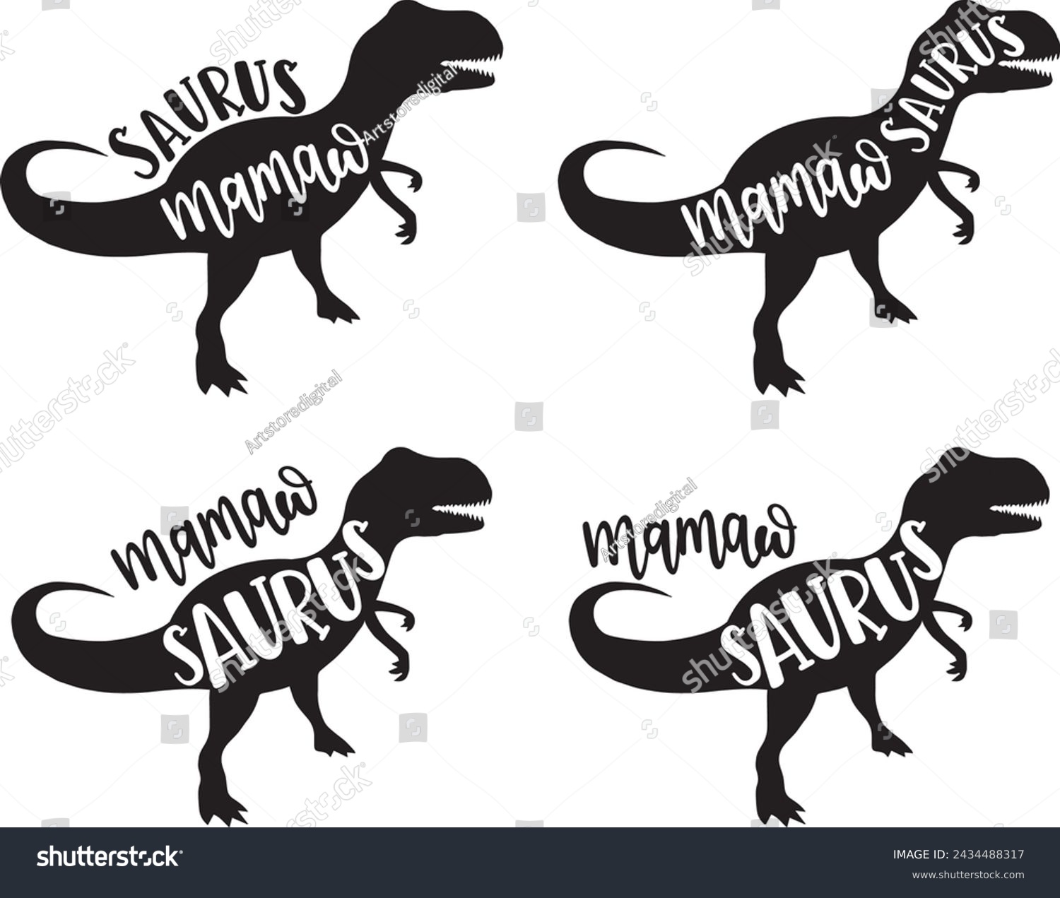 SVG of 4 styles mamaw saurus, family saurus, matching family, dinosaur, saurus, dinosaur family, tRex, dino, t-rex dinosaur vector illustration file svg