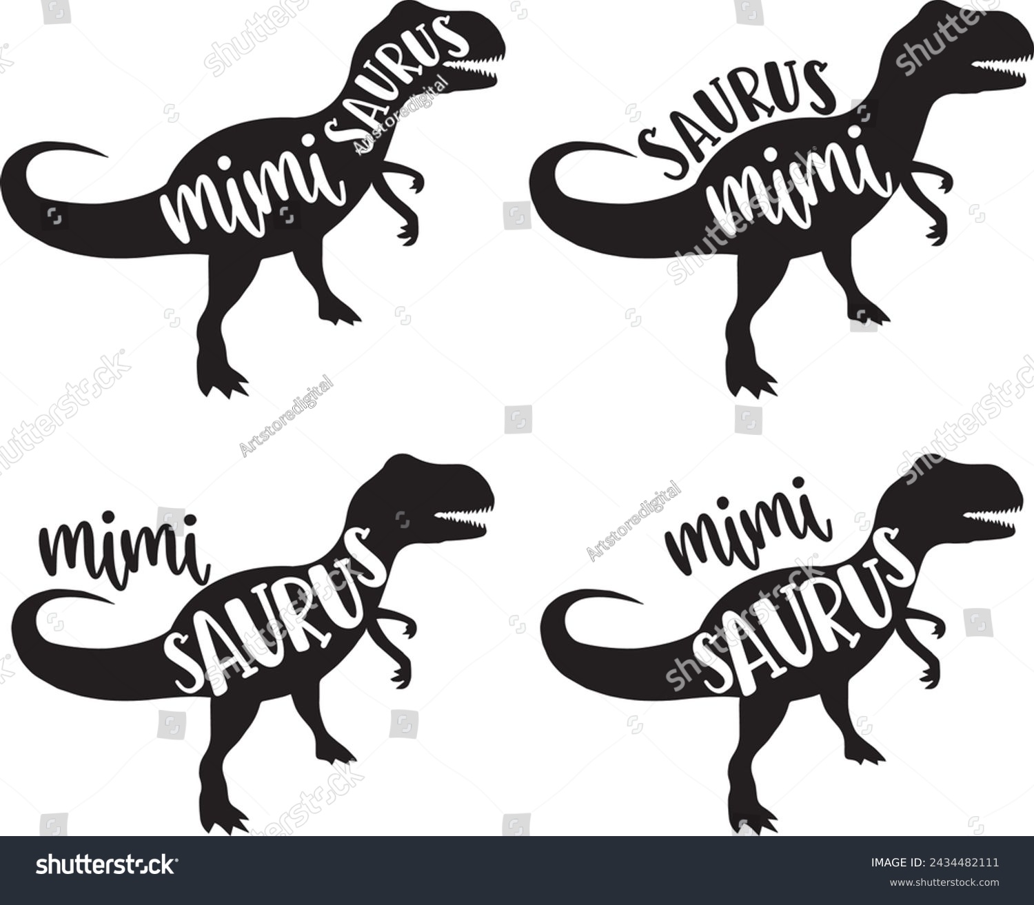 SVG of 4 styles mimi saurus, family saurus, matching family, dinosaur, saurus, dinosaur family, tRex, dino, t-rex dinosaur vector illustration file svg