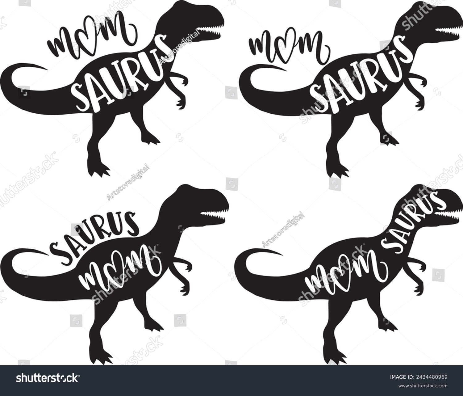 SVG of 4 styles mom saurus, family saurus, matching family, dinosaur, saurus, dinosaur family, tRex, dino, t-rex dinosaur vector illustration file svg