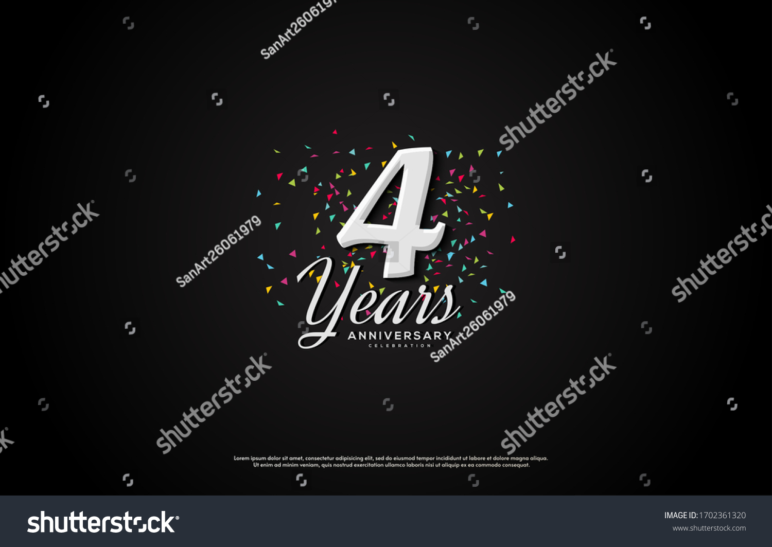 SVG of 4th anniversary background with illustrations of numbers and white writing on a black background. svg