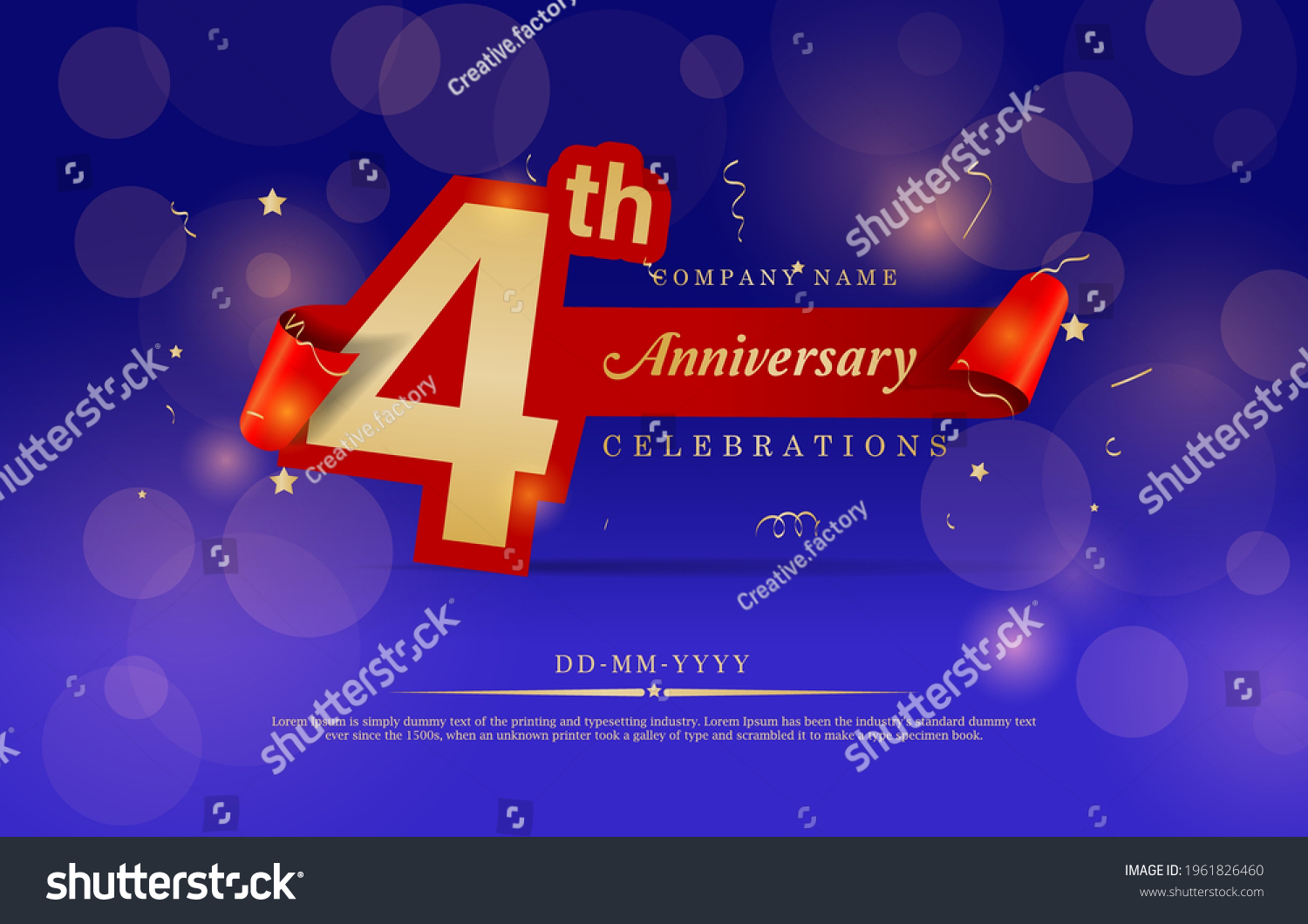 SVG of 4th Anniversary celebration. Celebrating 4 years logo with confetti in Blue Background. Golden number 4 with sparkling confetti.  svg